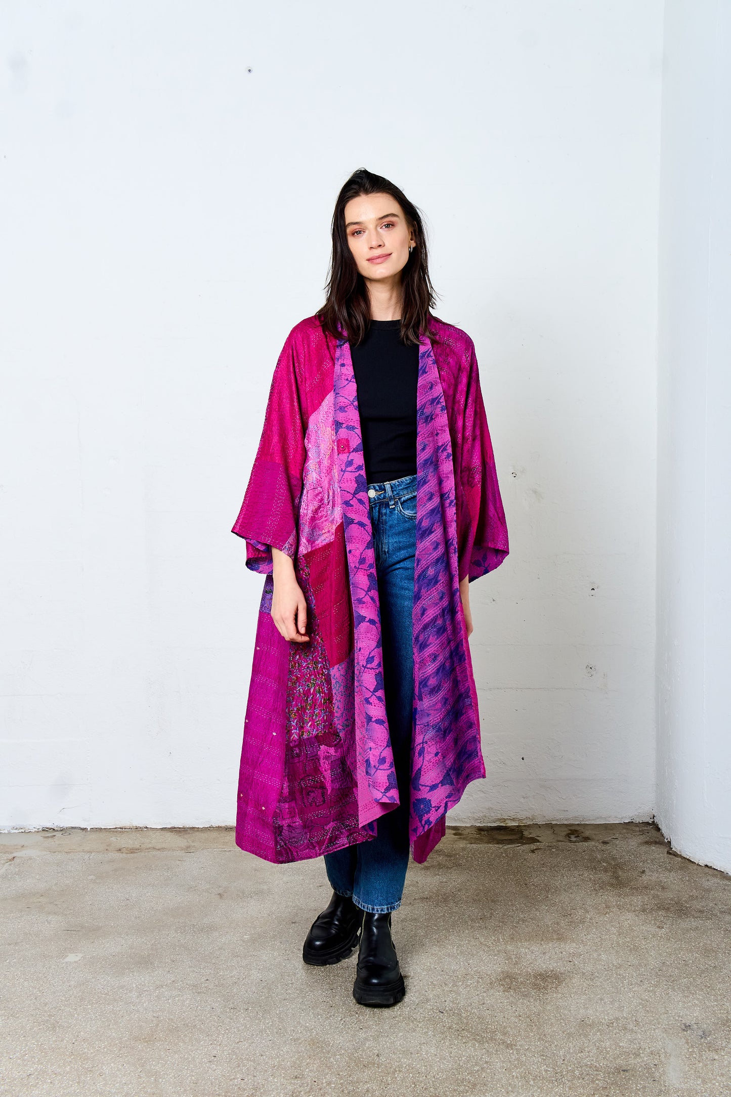 GEORGETTE VINTAGE SILK PATCH KANTHA KIMONO MAXI - gs2318-pik -