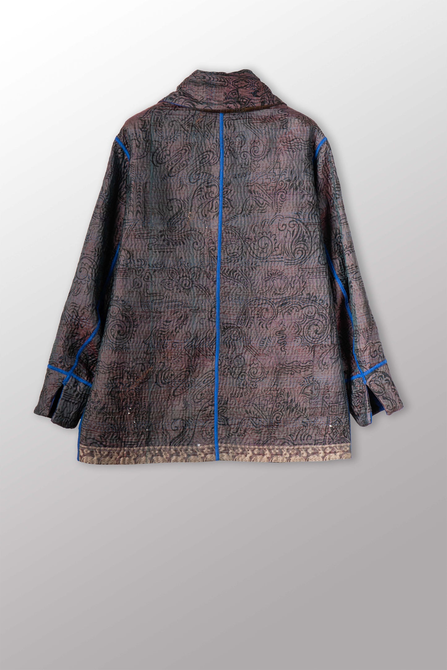 VINTAGE JACQUARD CLAMP DYE WITH PRINTED SILK KANTHA PEA COAT - jk4349-0001m -