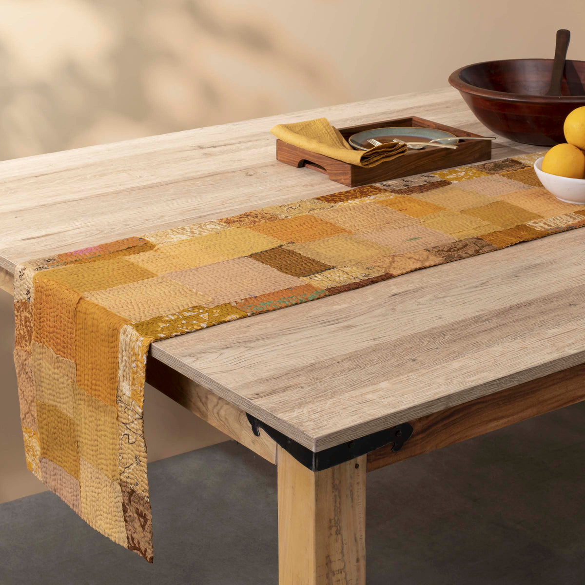 Printed Fray Patch Kantha Table Runner -Golden