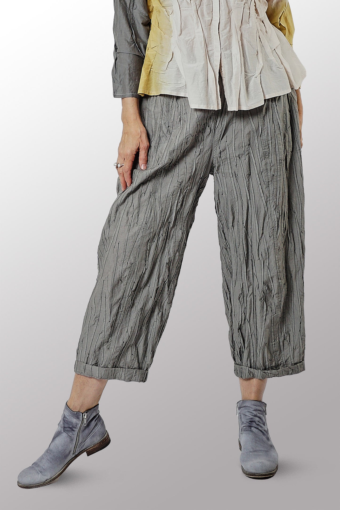 POLISHED COTTON RANDOM TUCK VOILE BARREL PANTS - rc1641-gry -