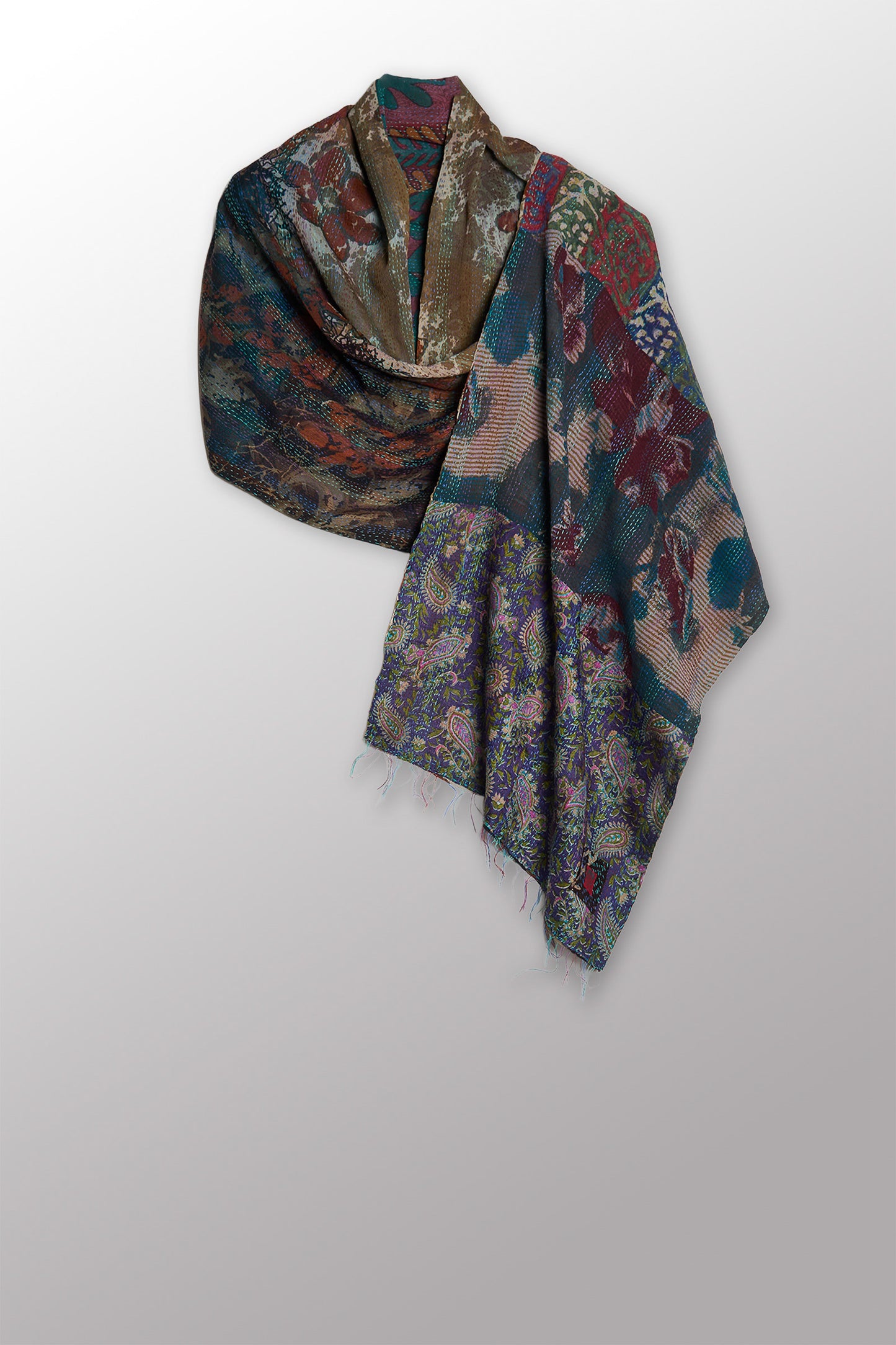 GEORGETTE VINTAGE SILK PATCH KANTHA SCARF STANDARD - gs2801-tel -