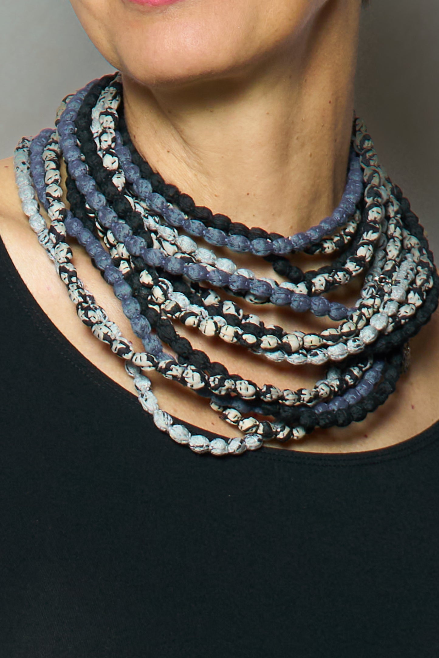 VINTAGE SILK KANTHA 5 STRAND NECKLACE - sv2730-blk -