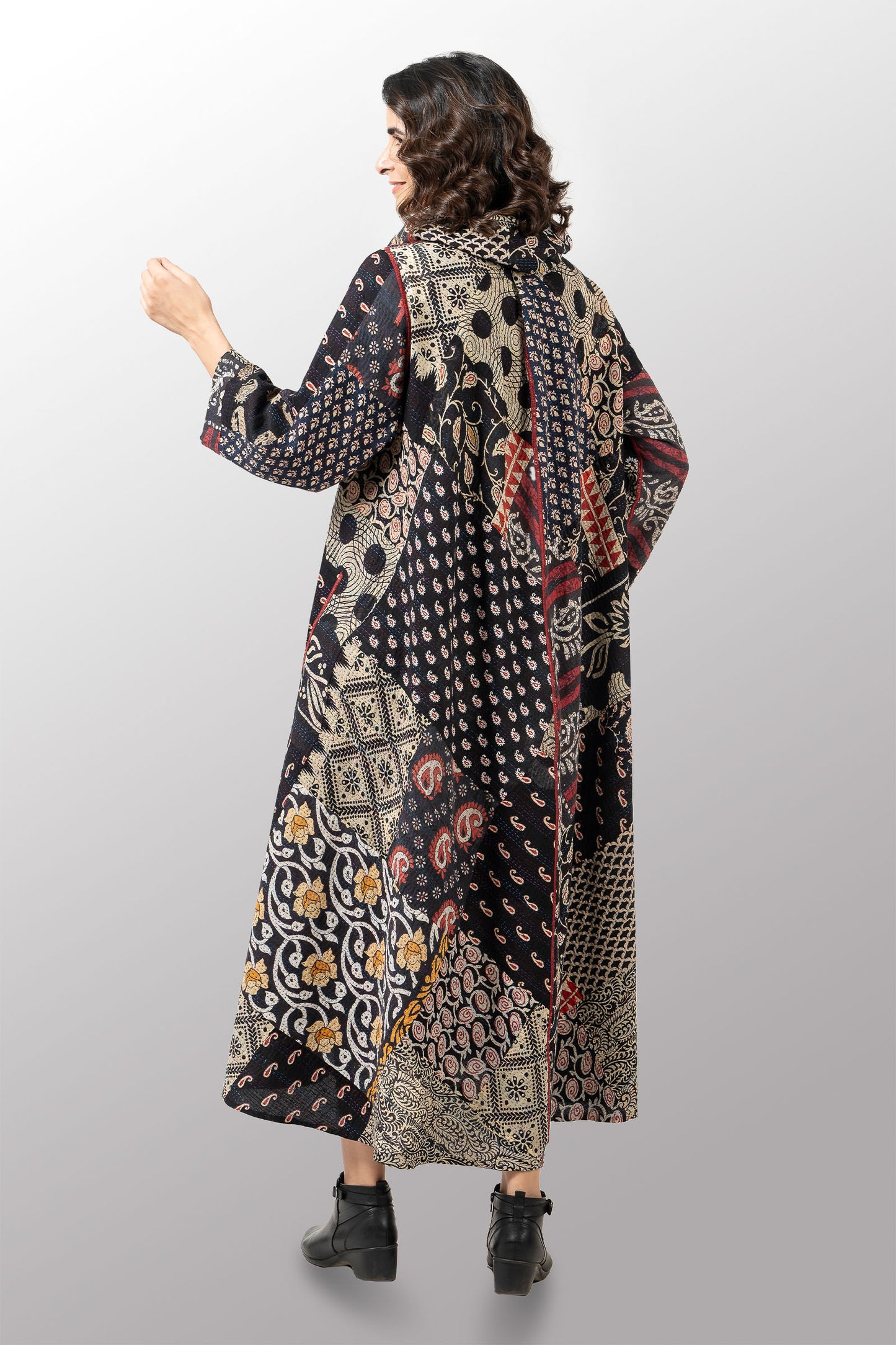PATCH & CIRCLE PRINT KANTHA COWL NECK LONG SLEEVE DRESS - pc2450-blk -