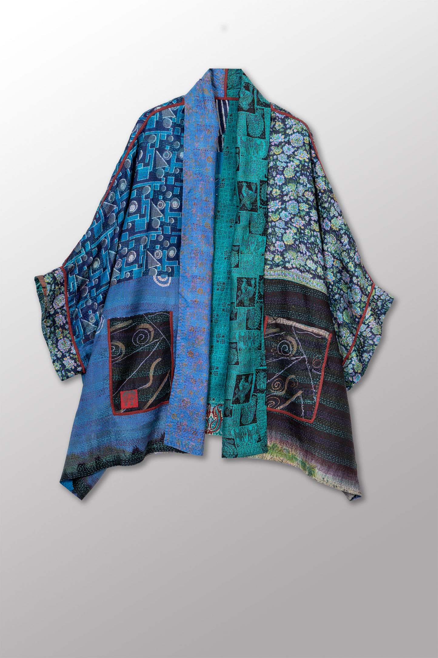 VINTAGE SILK KANTHA DOUBLE COLLAR PONCHO - sv2323-0017a -