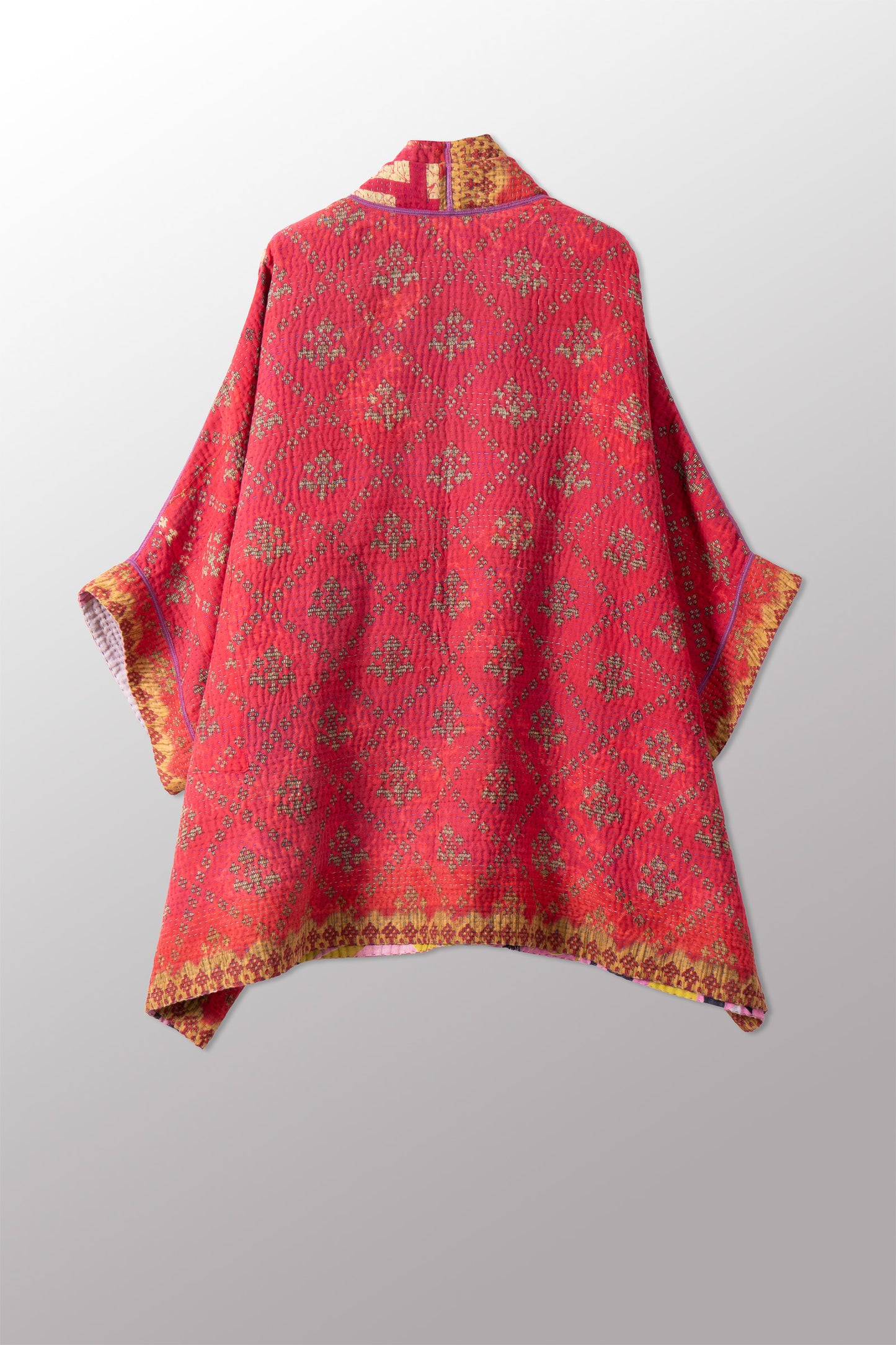 VINTAGE COTTON KANTHA DOUBLE COLLAR PONCHO - cv4323-0048a -