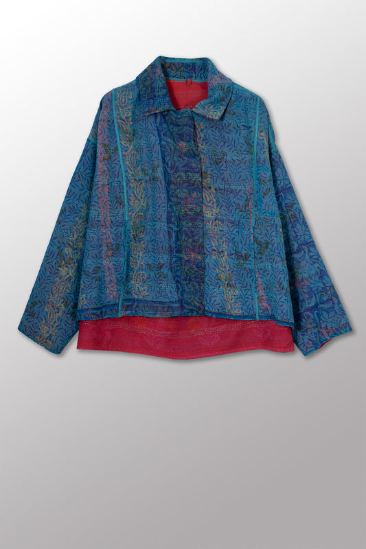 VINTAGE SILK GEORGETTE COTTON KANTHA CROPPED SHIRT JACKET - gc2075-0001a -
