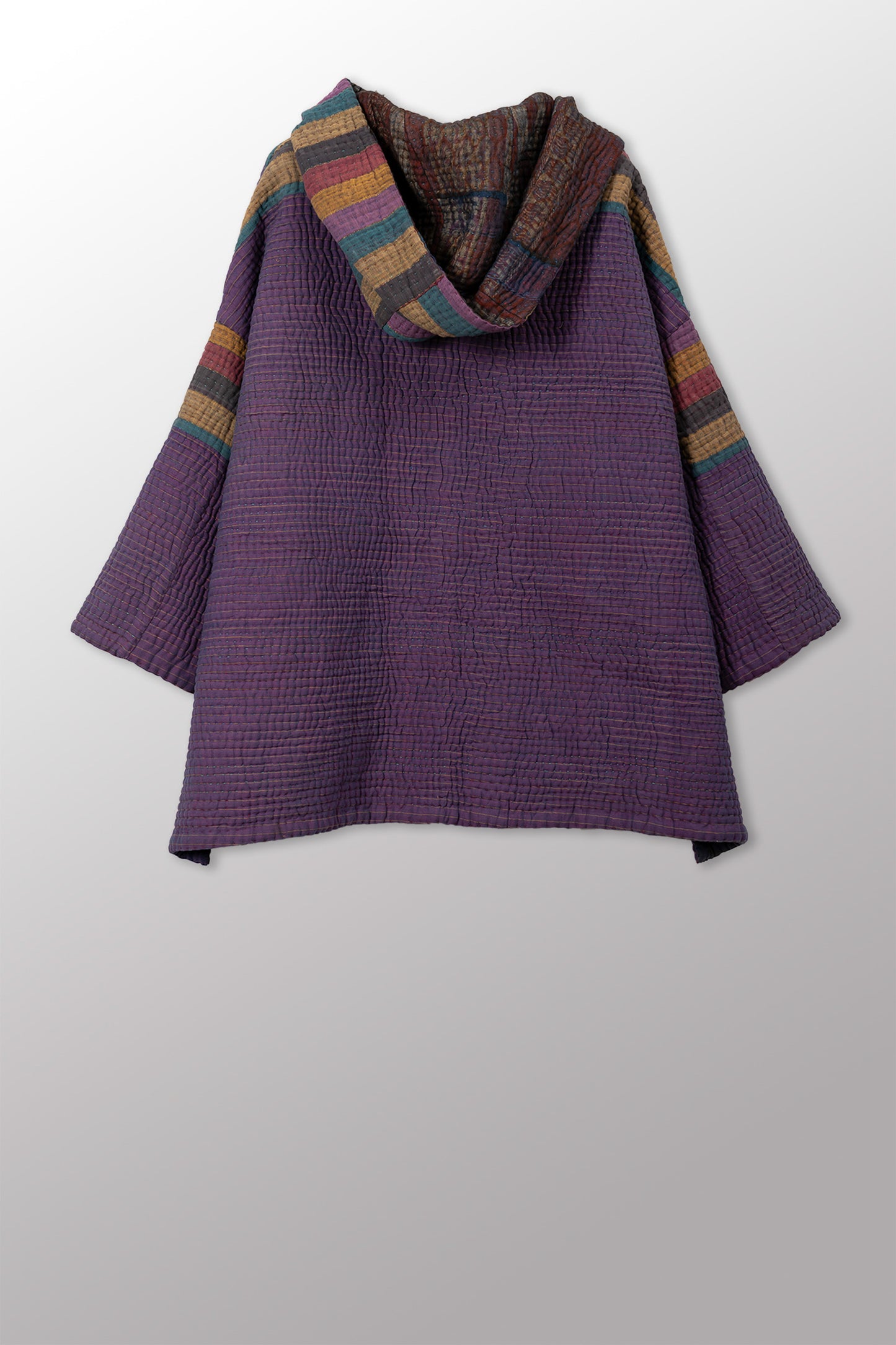 QUILTED OVERDYE COTTON KANTHA HOODIE PONCHO - oq5064-cblu005a -