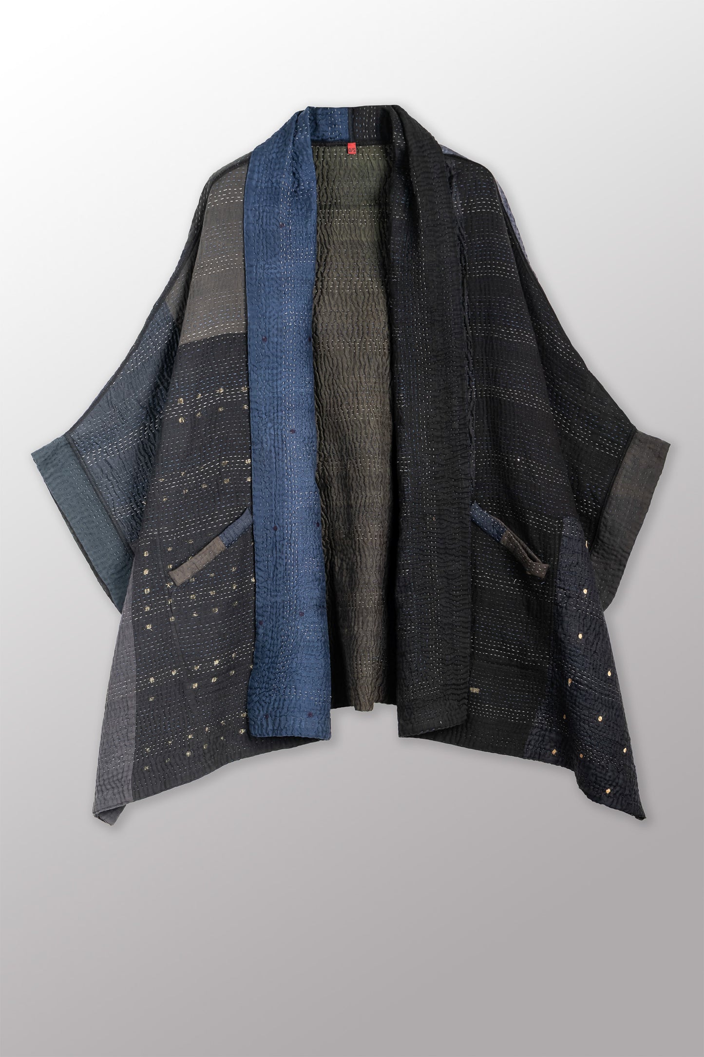 JAIPUR PATCH KANTHA DOUBLE COLLAR PONCHO - jp4323-blk -