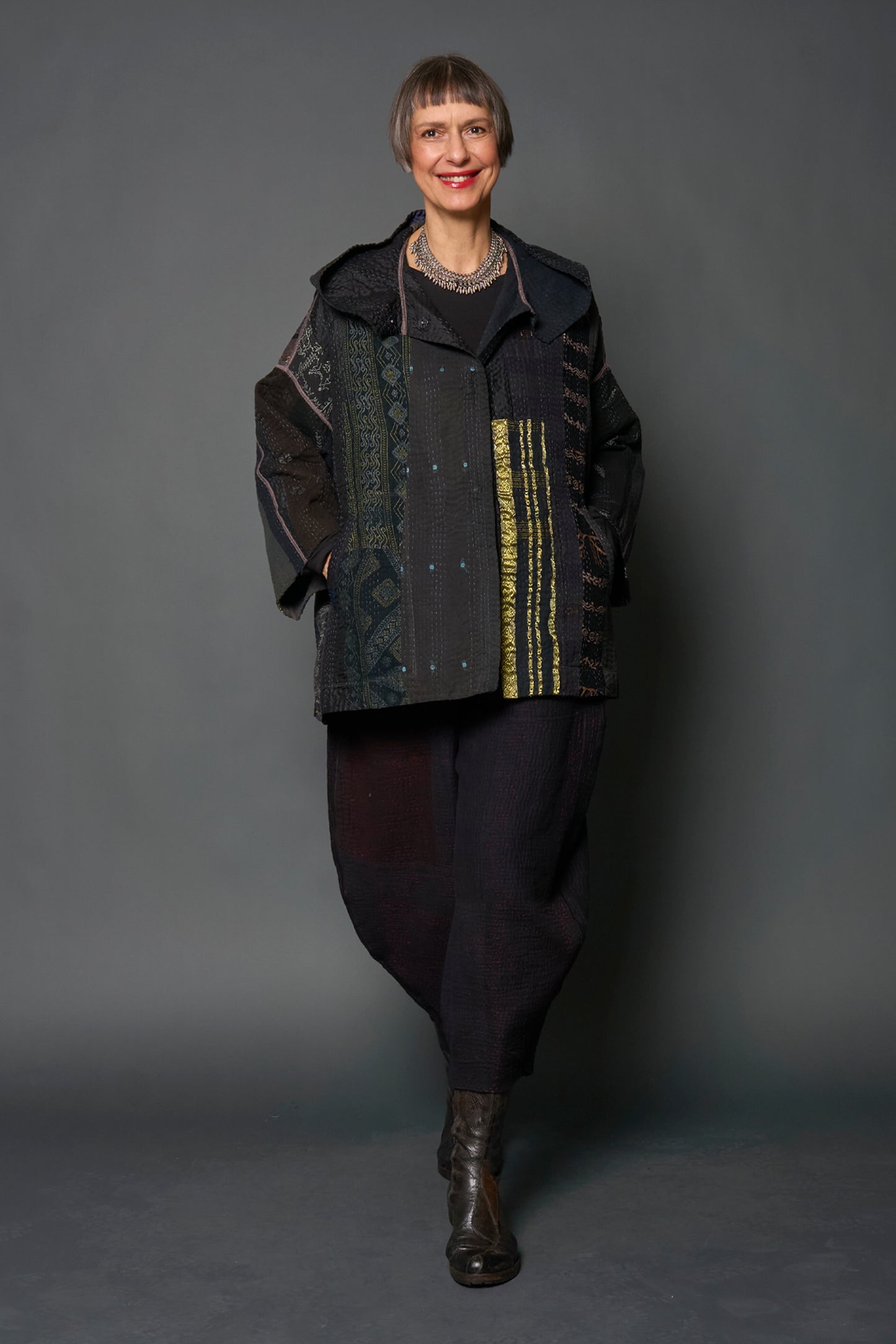 JEWEL WOVEN WITH VERTICAL PATCH KANTHA HOODIE PONCHO - jv4064-blk -