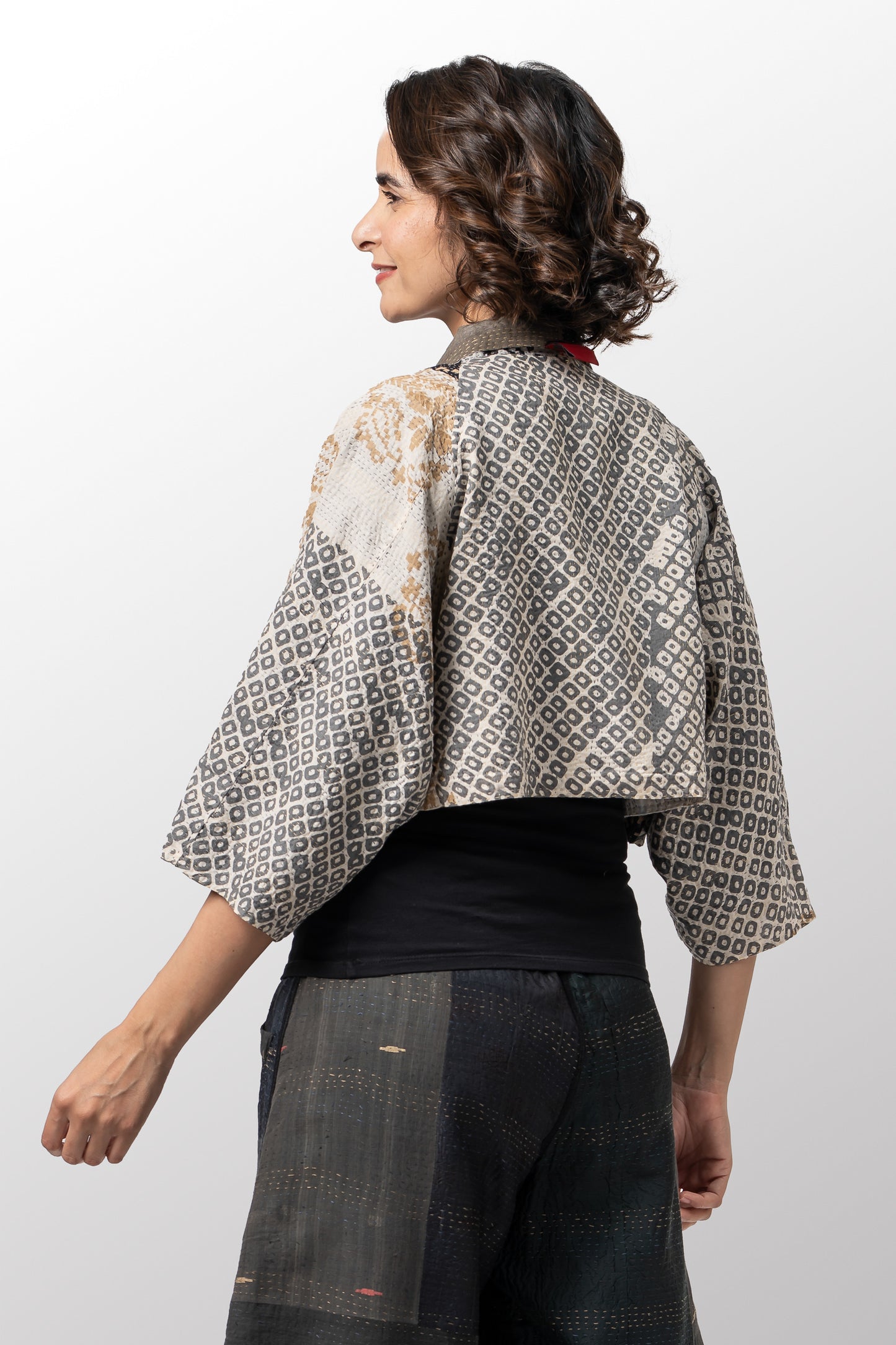 KIMONO COTTON KANTHA PUFF SLV. SHRUG - kc2062-gry -