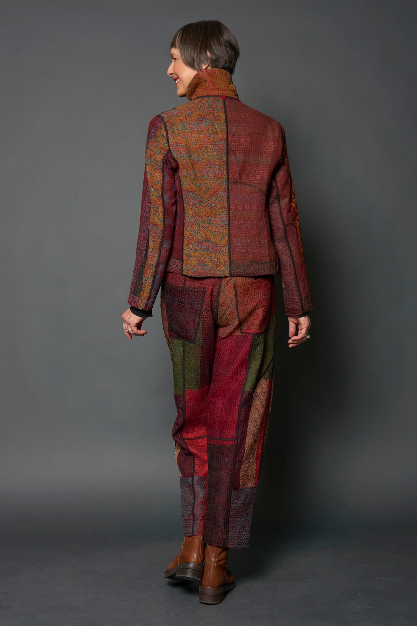 JACQUARD SILK KANTHA CROPPED BASIC JACKET - js4096-brn -