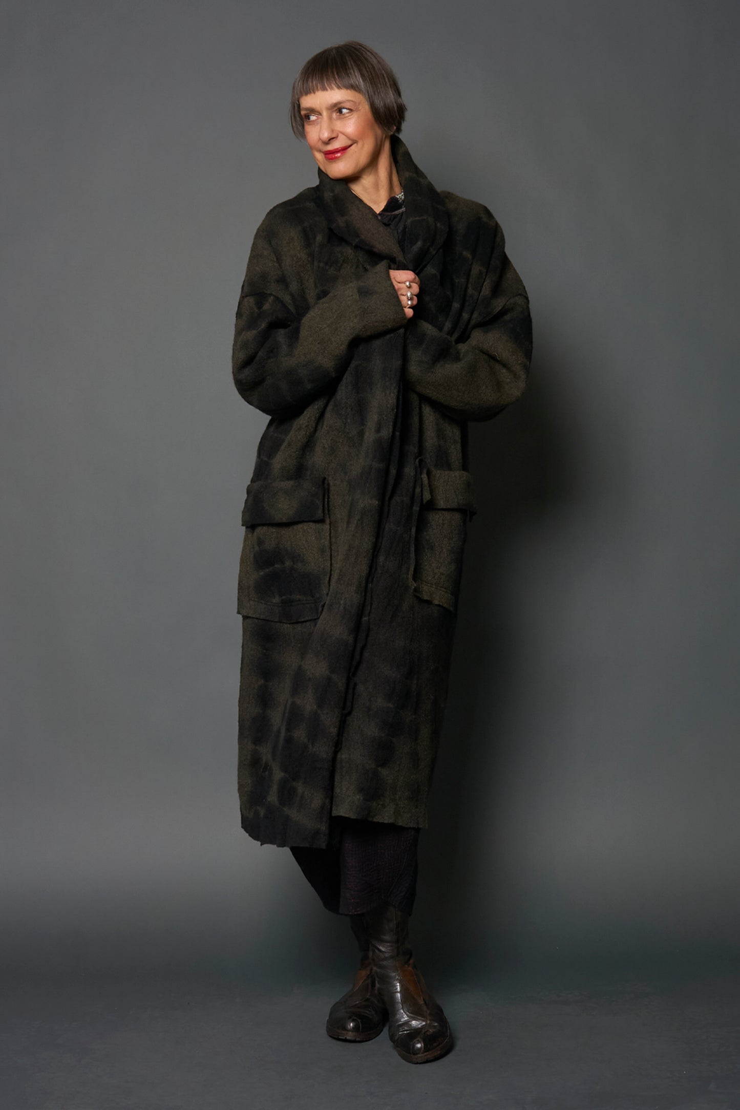 SHIBORI TIE DYE BOILED WOOL SHAWL COAT LONG - tb1351-grn -