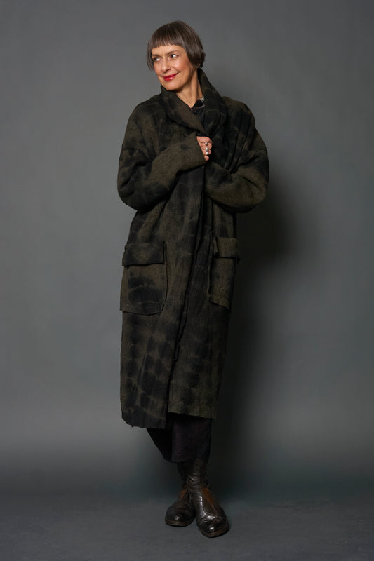 SHIBORI TIE DYE BOILED WOOL SHAWL COAT LONG - tb1351-grn -