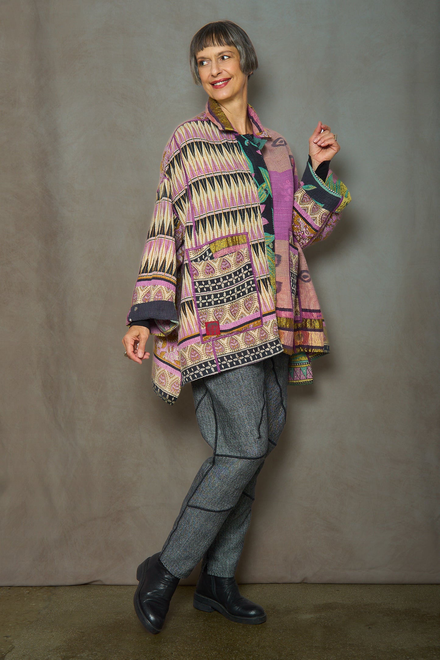 VINTAGE COTTON KANTHA OVERSIZED MINI COAT - cv4332-0045a -