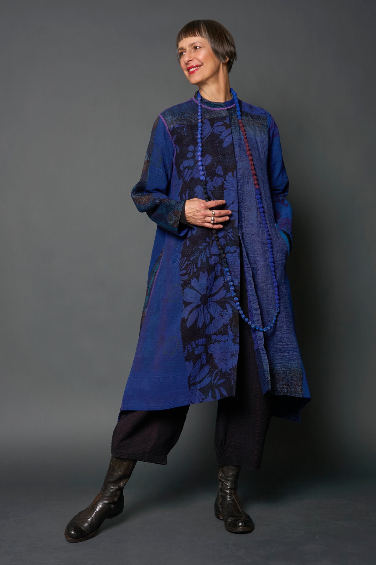 JACQUARD SILK KANTHA KAFTAN COAT - js4343-nvy -