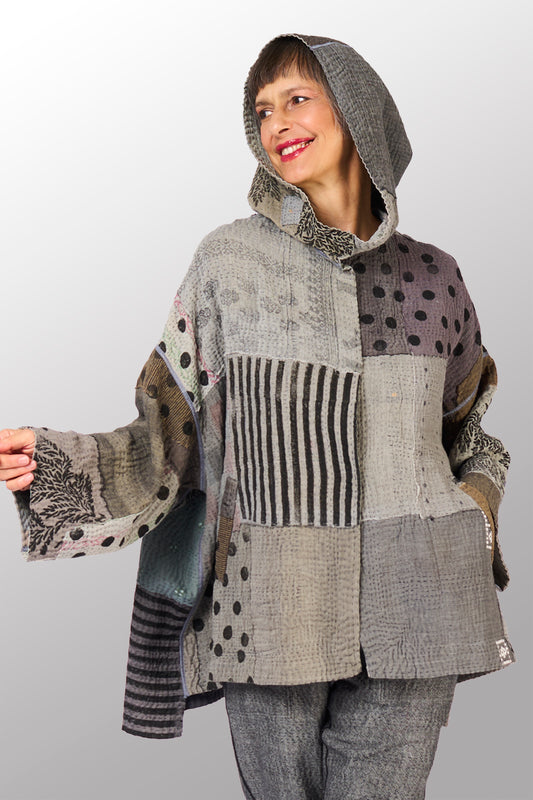 FRAYED PATCH KANTHA WITH STAMP HOODIE PONCHO - sp-fi4064-gry -