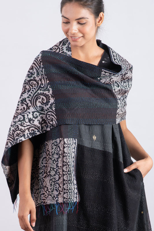 VINTAGE SILK KANTHA SCARF SMALL - sv2800-blk -