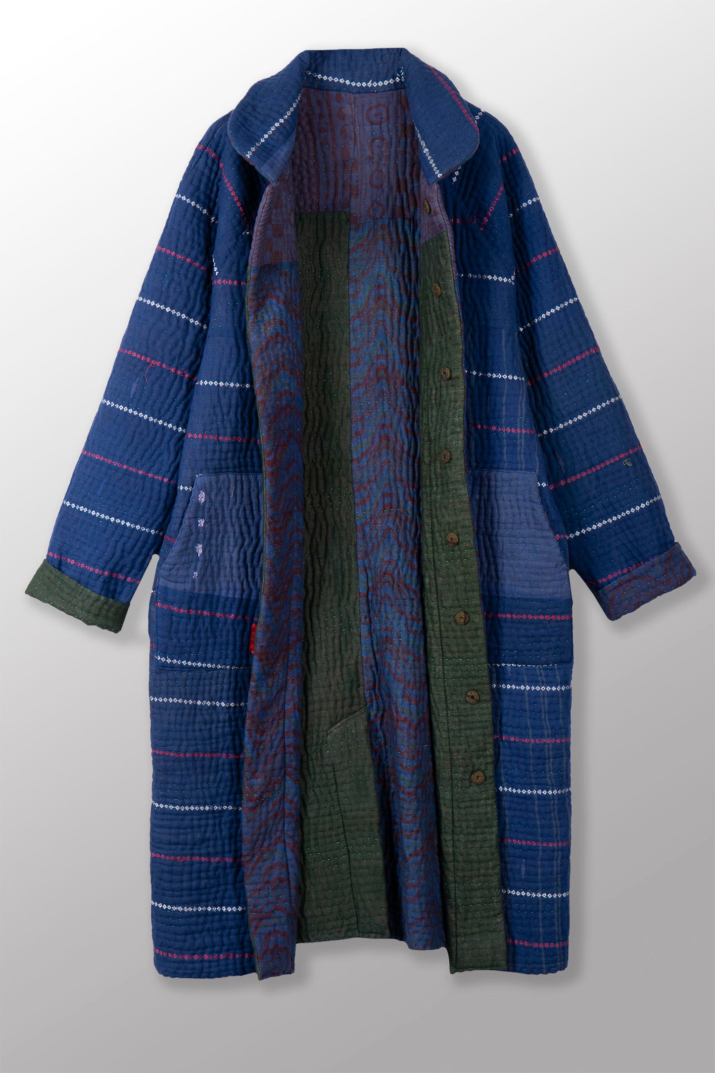 QUILTED OVERDYE COTTON KANTHA RAGLAN SLEEVE COAT - oq5337-cblu001m -