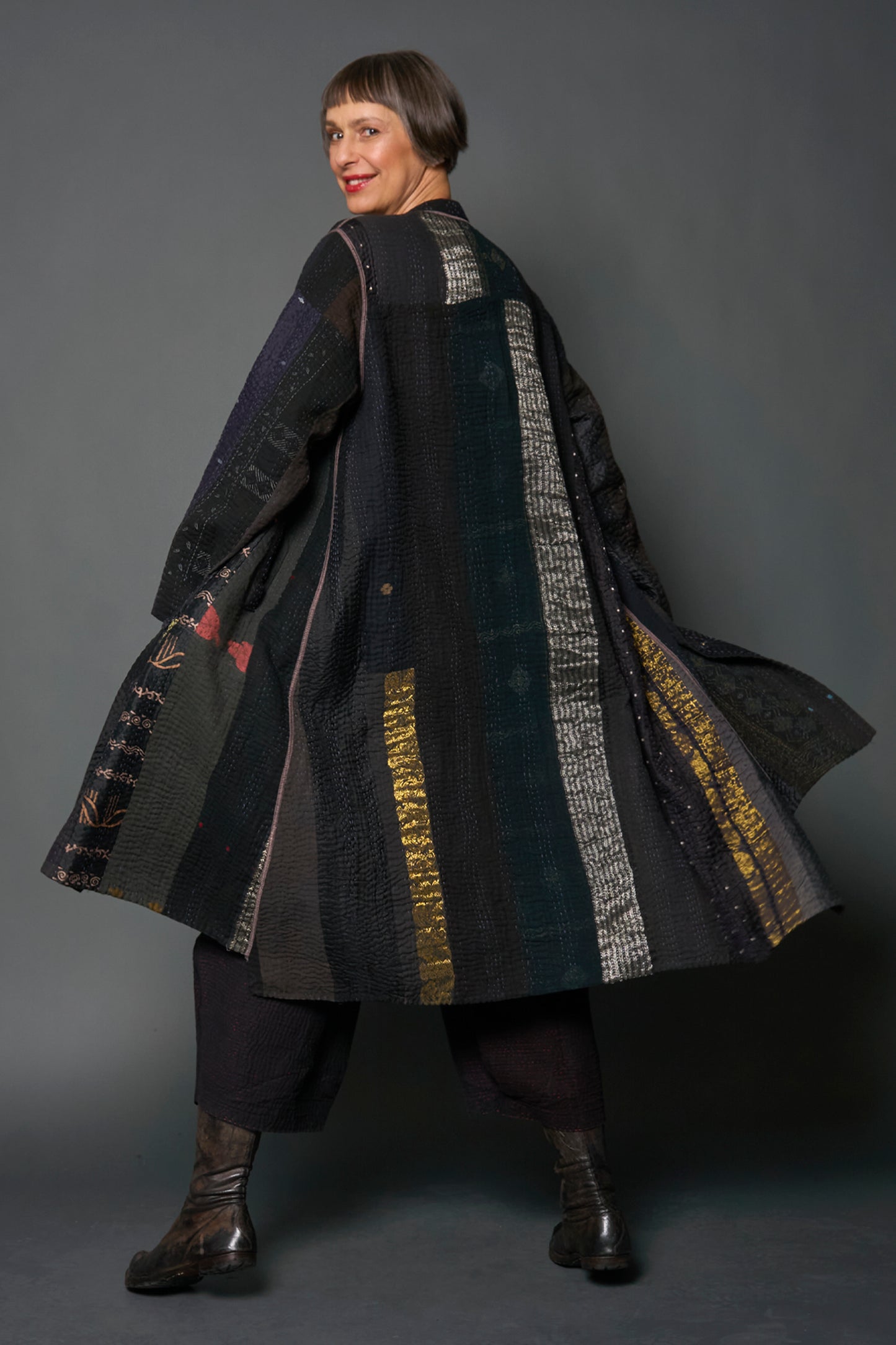 JEWEL WOVEN WITH VERTICAL PATCH KANTHA KAFTAN COAT - jv4343-blk -