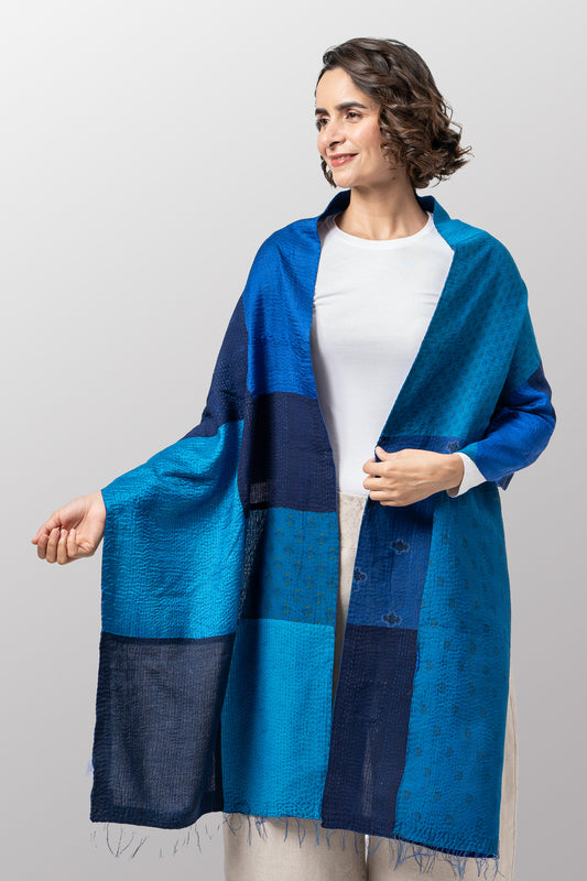 COTTON SILK SW PATCH OMBRE KANTHA SCARF STANDARD - wo2801-blu -