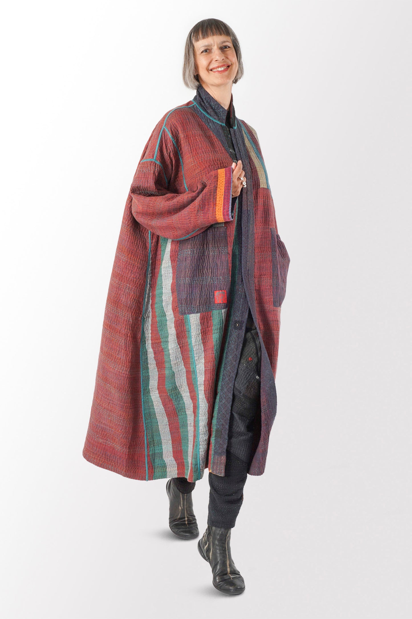WOVEN VINTAGE COTTON KANTHA OVERSIZED COAT - fw4326-0002a -