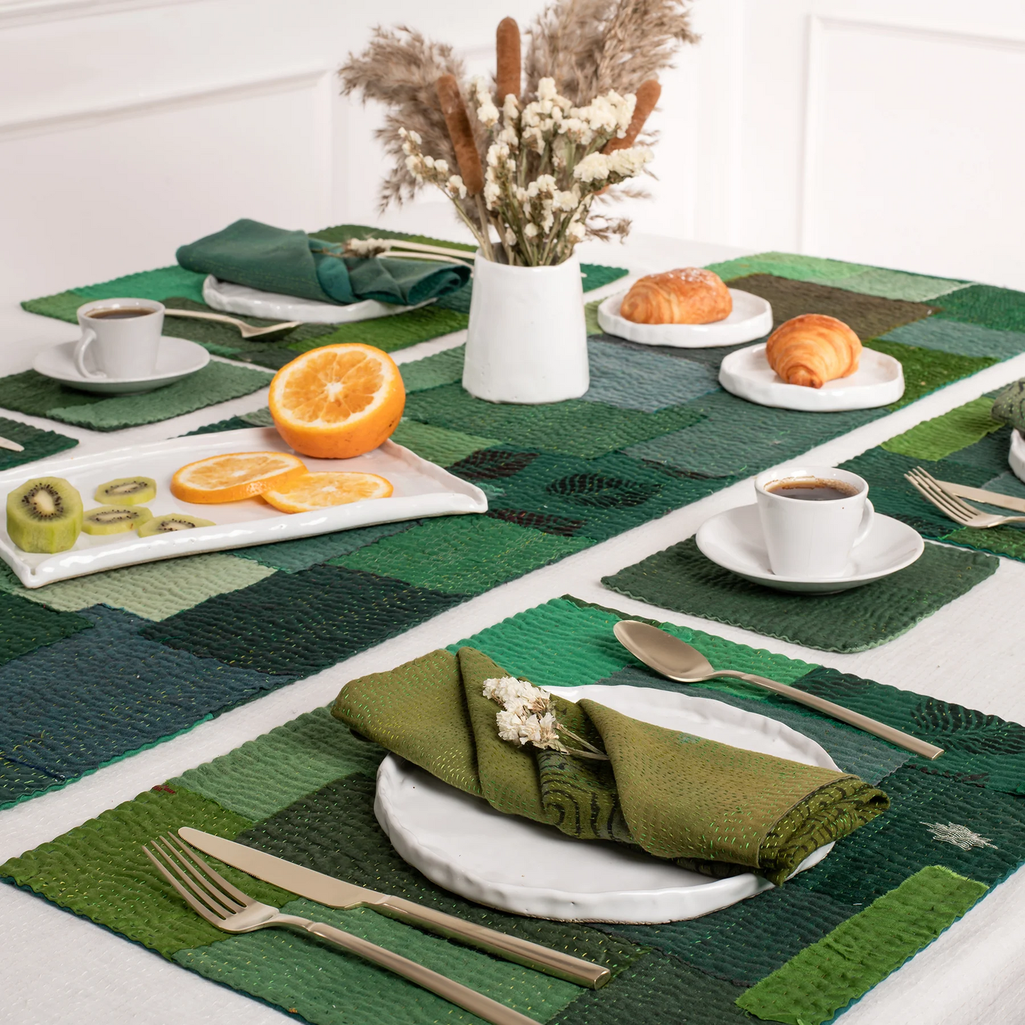 Landscape Handmade Vintage Kantha Placemat -Lime Green (SET OF 2)