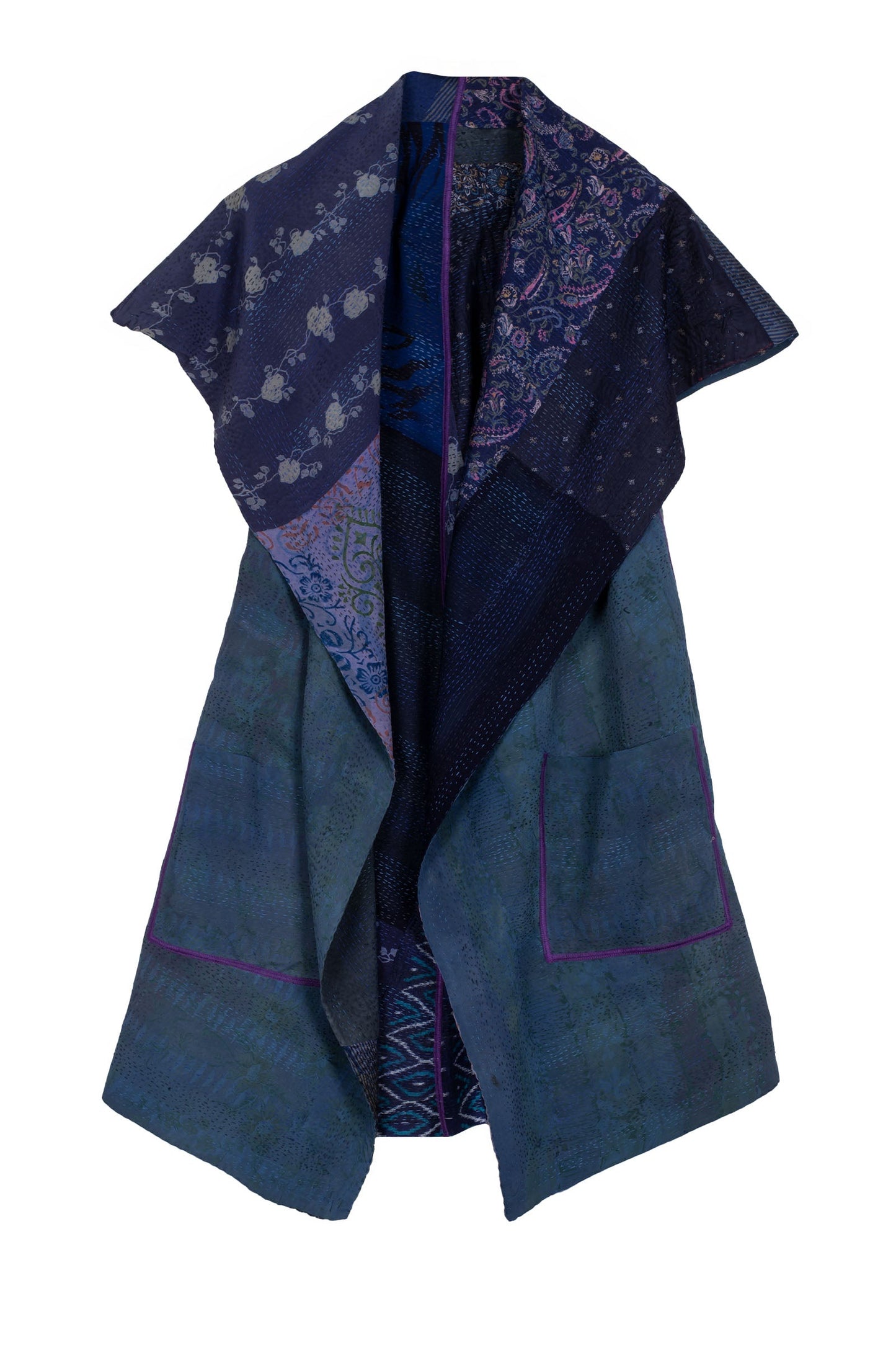 GEORGETTE VINTAGE SILK PATCH KANTHA CIRCULAR VEST - gs2201-nvy -