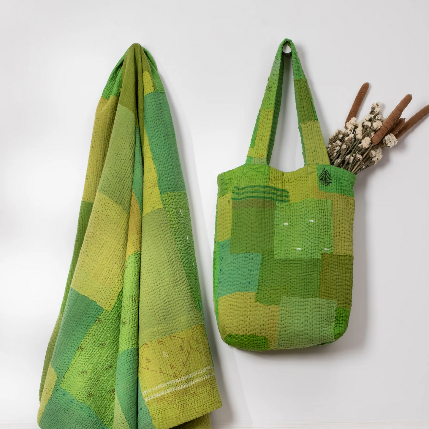 Mosaic Fray Handmade Vintage Kantha Tote Bag -Lime Green -