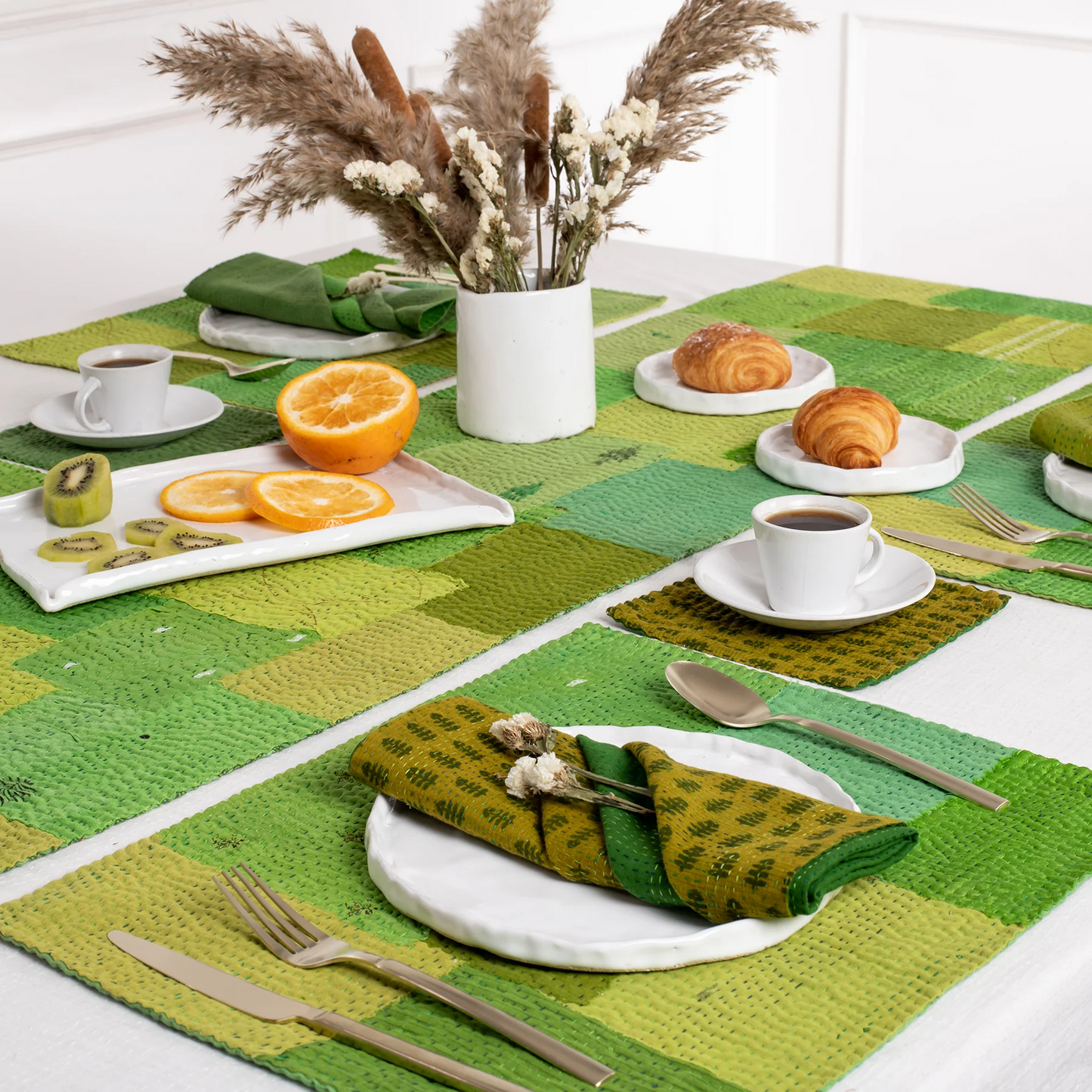 Mosaic Fray Handmade Vintage Kantha Placemat -Lime Green (SET OF 2)