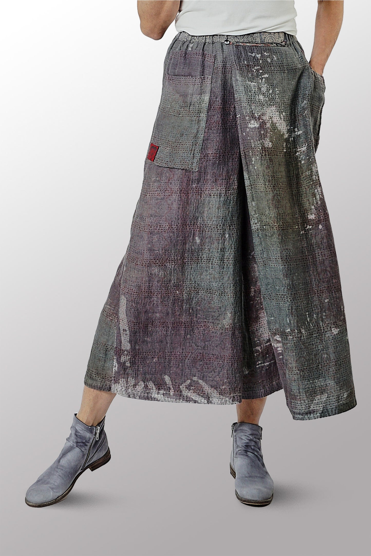 MANHATTAN AJRAKH KANTHA WRAP WIDE PANTS - mh2649-gry -
