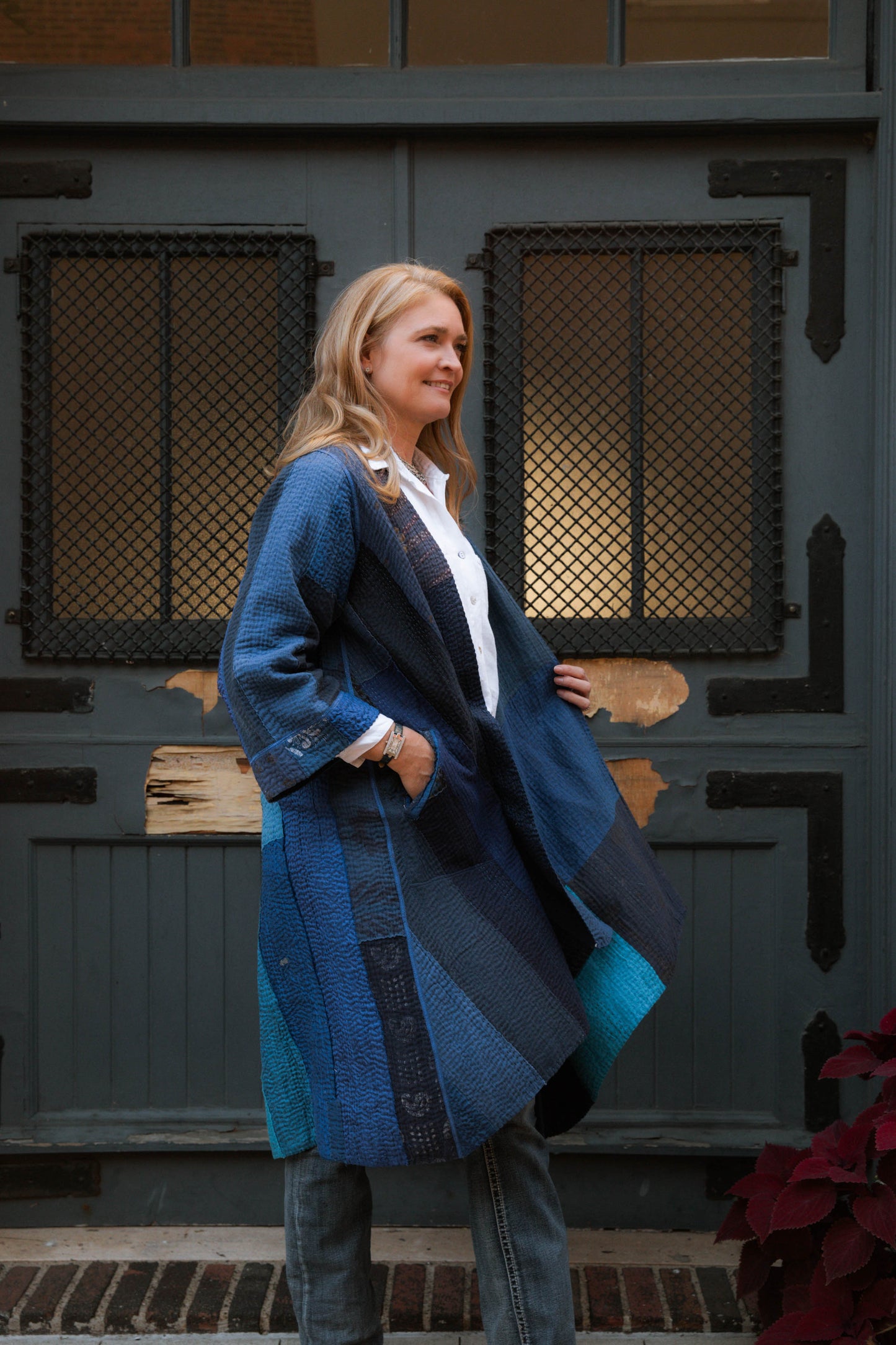 STRIPE AND CHECK COTTON SILK PATCH KANTHA WRAP FLARE COAT - ss4330-blu -