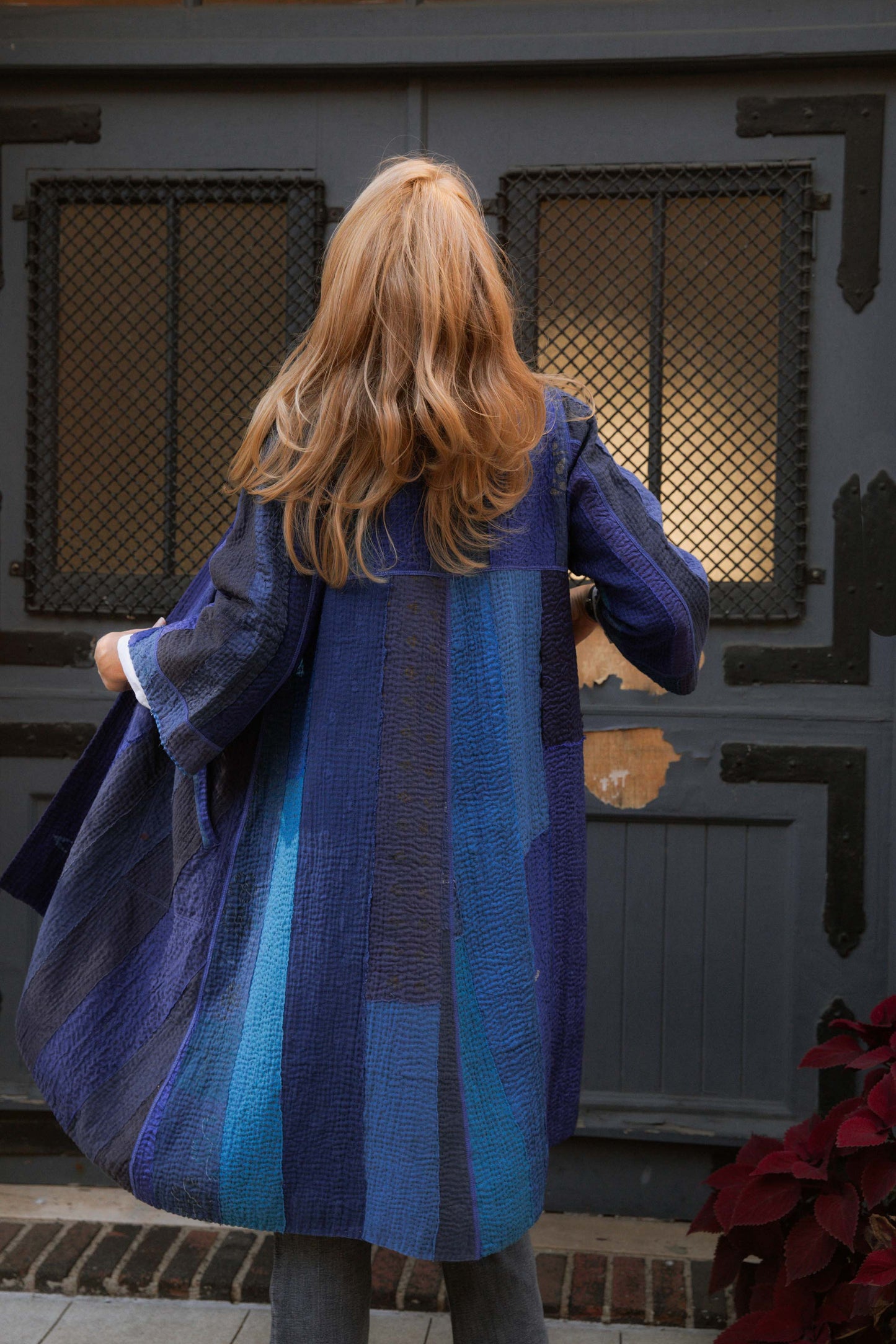 STRIPE AND CHECK COTTON SILK PATCH KANTHA WRAP FLARE COAT - ss4330-blu -