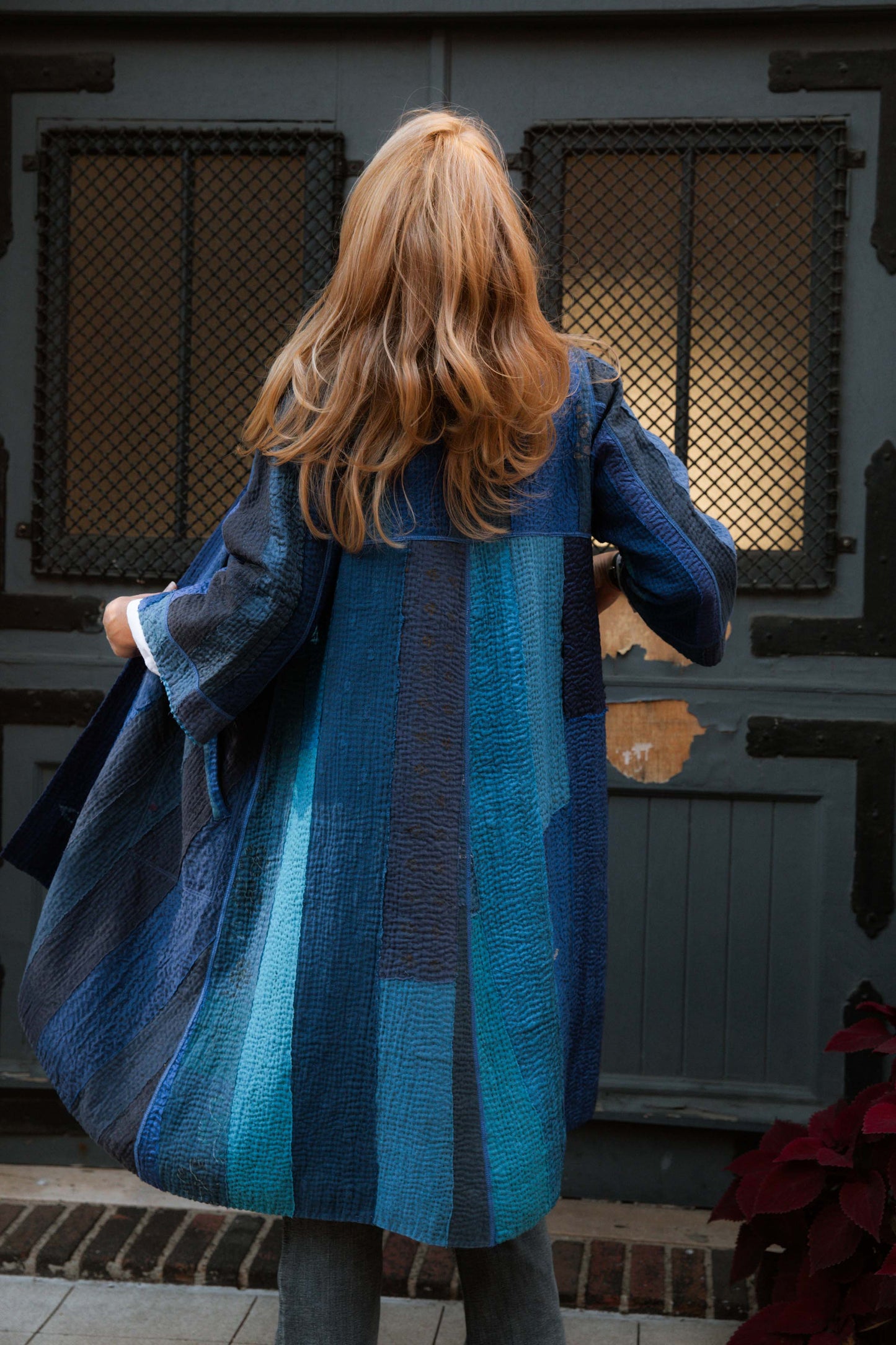 STRIPE AND CHECK COTTON SILK PATCH KANTHA WRAP FLARE COAT - ss4330-blu -