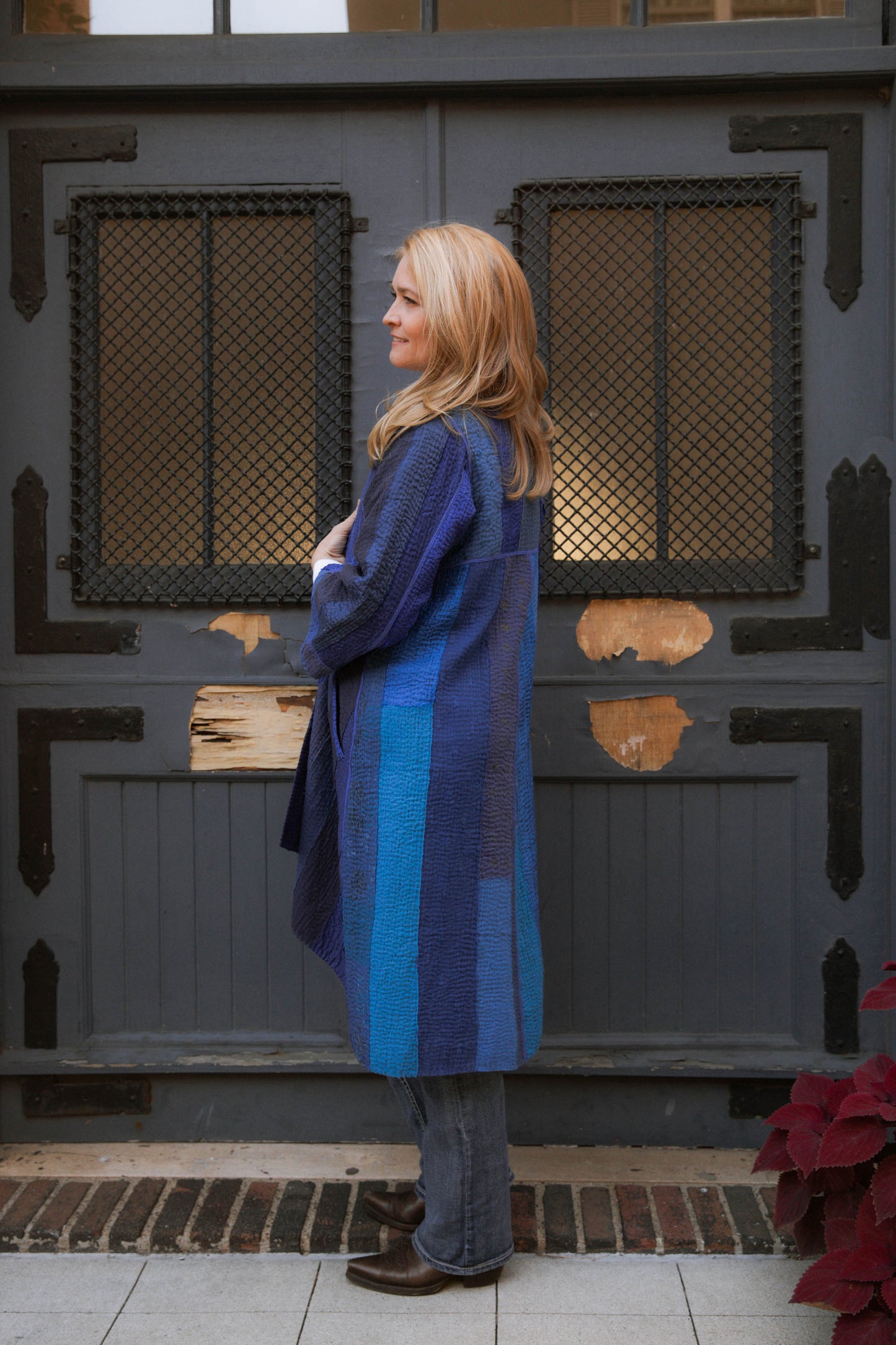STRIPE AND CHECK COTTON SILK PATCH KANTHA WRAP FLARE COAT - ss4330-blu -
