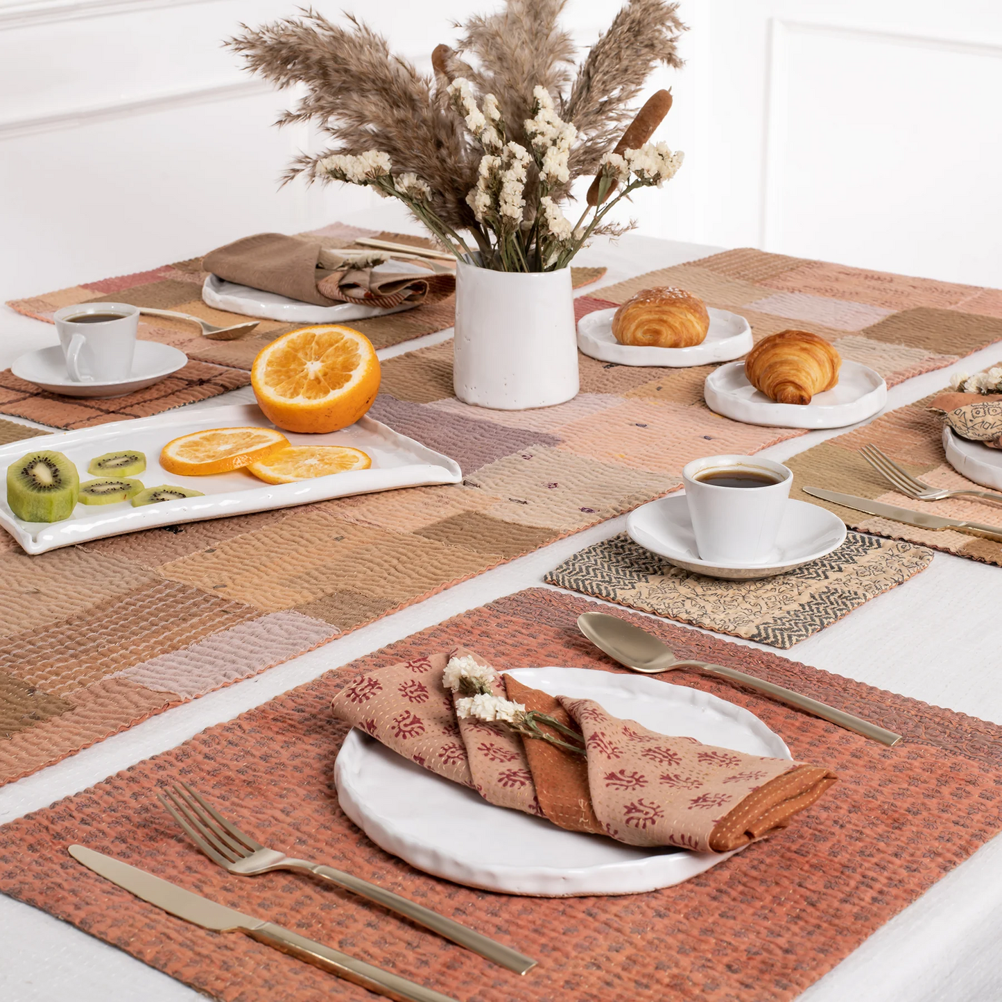 Mosaic Fray Handmade Vintage Kantha Placemat -Mushroom (SET OF 2)