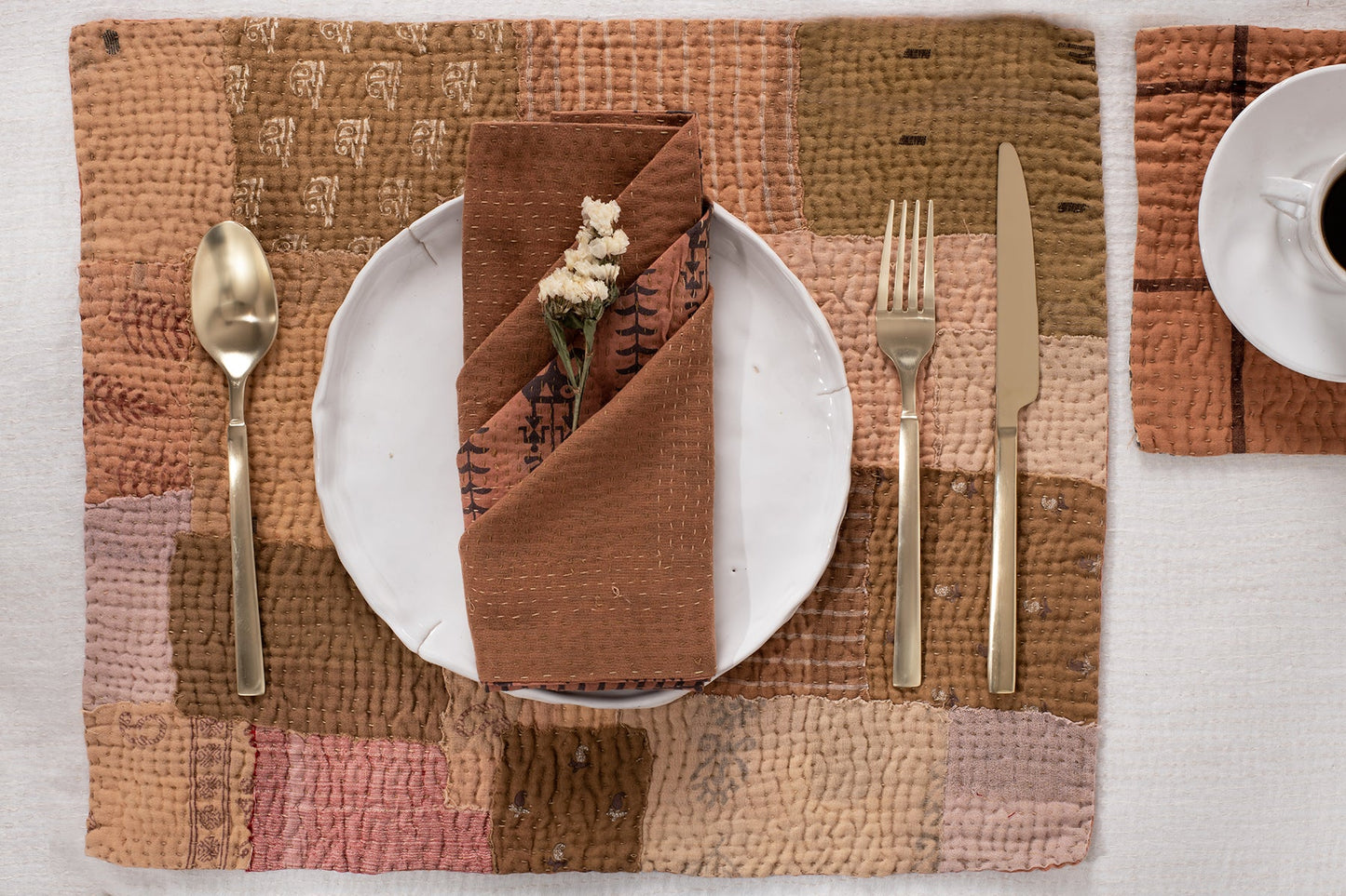 Mosaic Fray Handmade Vintage Kantha Placemat -Mushroom (SET OF 2)