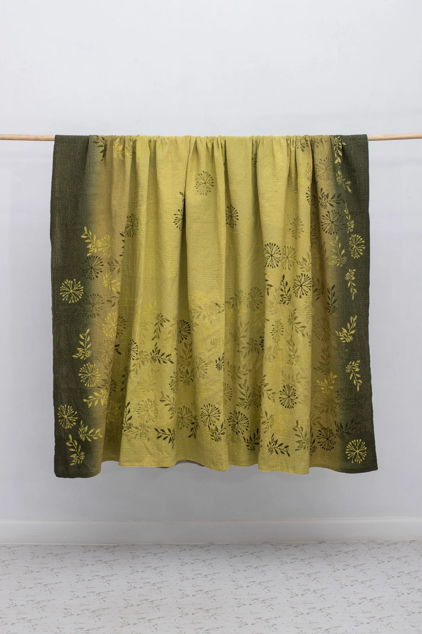 Vintage Fray Patch & Ombre Kantha Table Cover -Avocado -