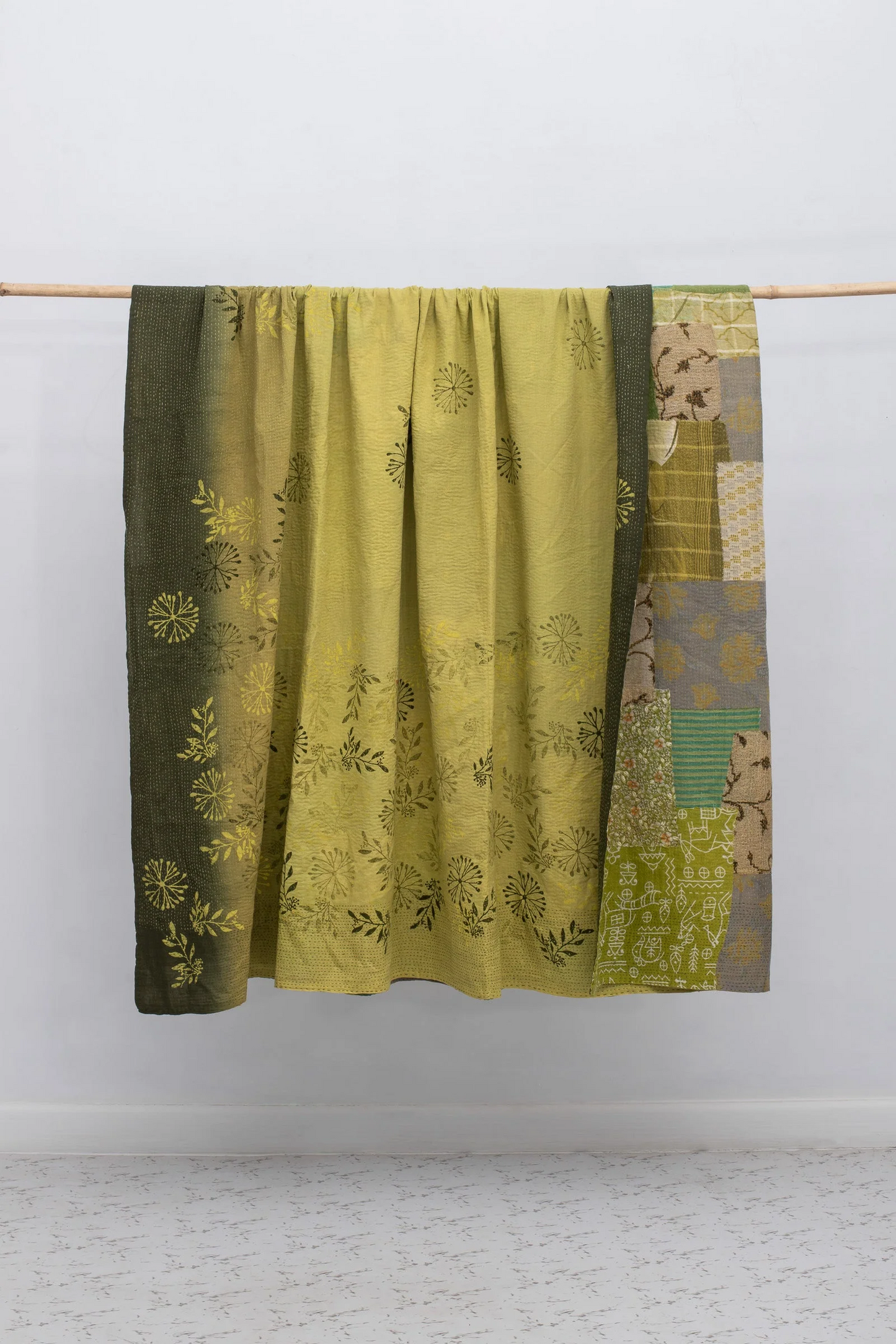 Vintage Fray Patch & Ombre Kantha Table Cover -Avocado -