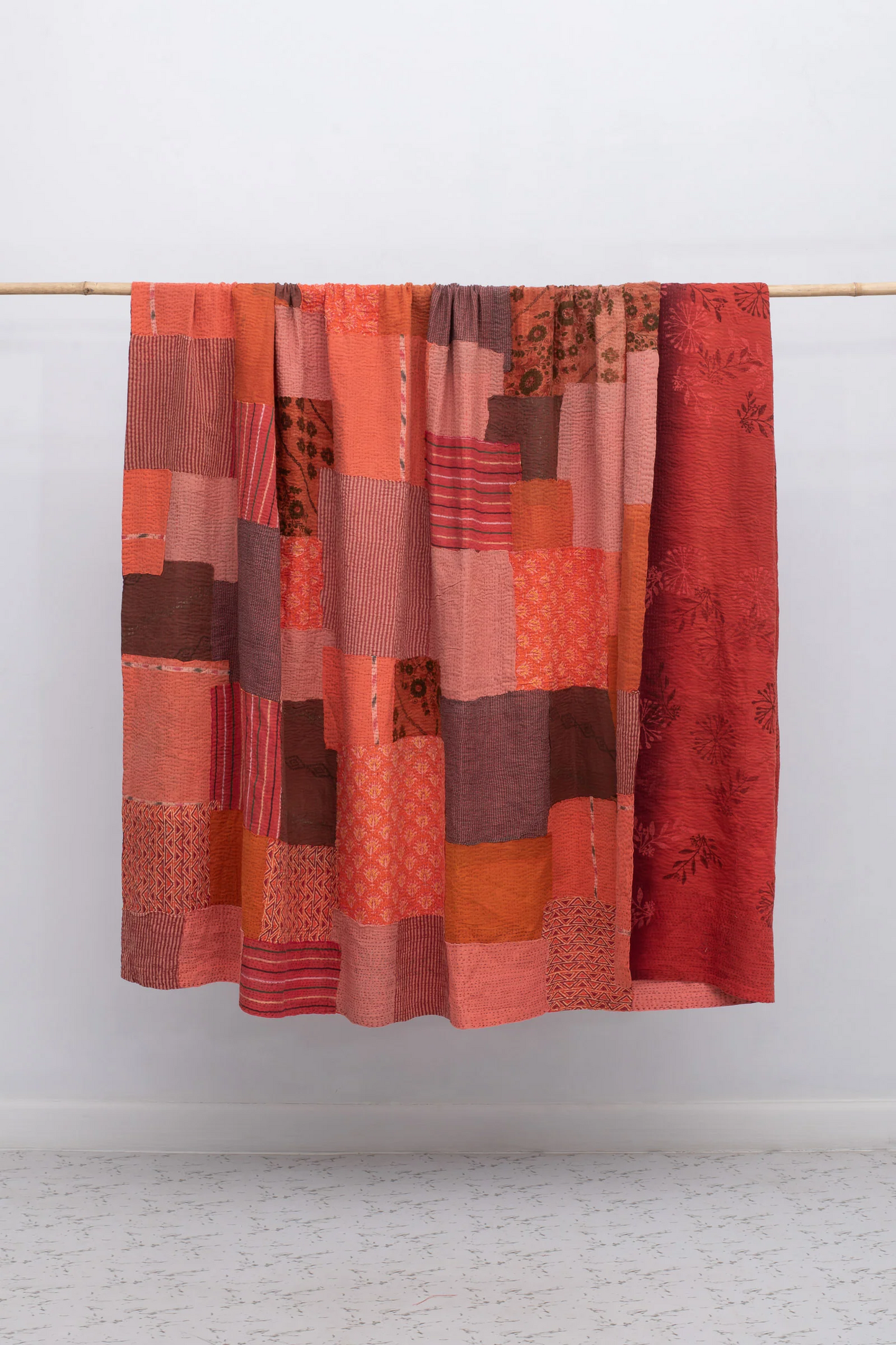Vintage Fray Patch & Ombre Kantha Table Cover -Carrot -