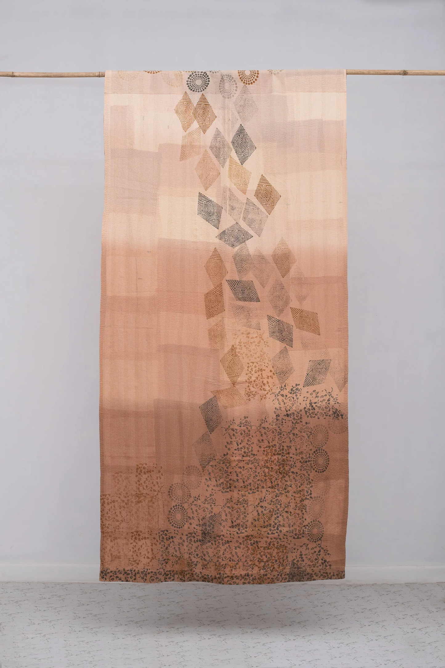 Vintage Fray Patch & Ombre Kantha Curtain -Rose Water -