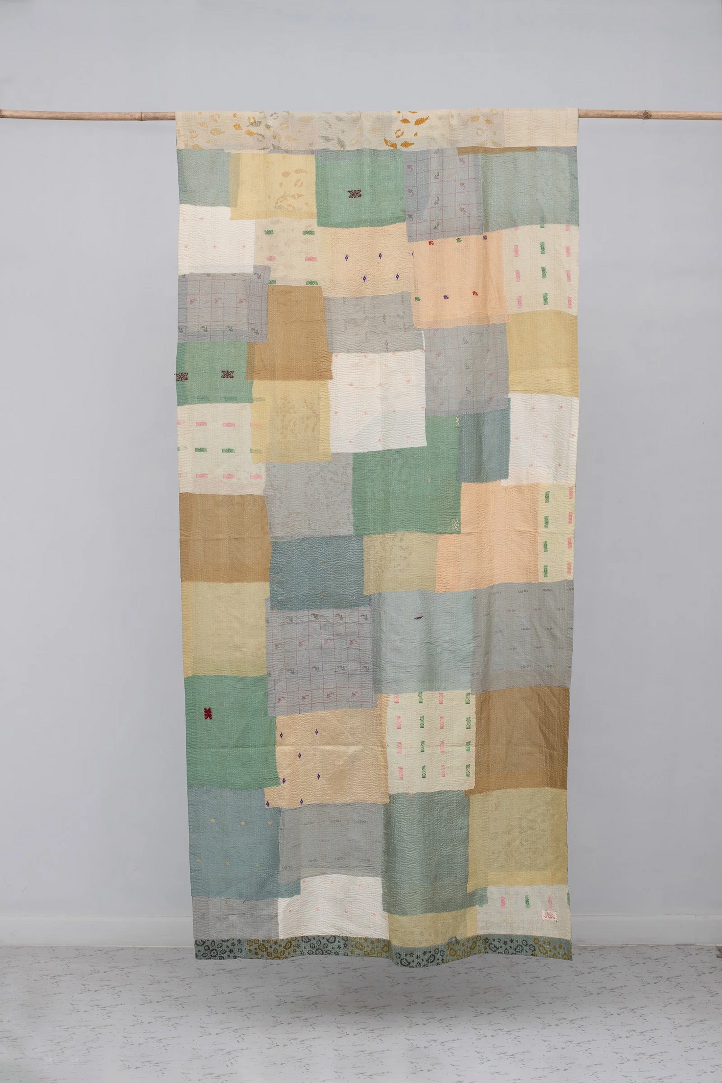 Vintage Fray Patch & Ombre Kantha Curtain -Sage -