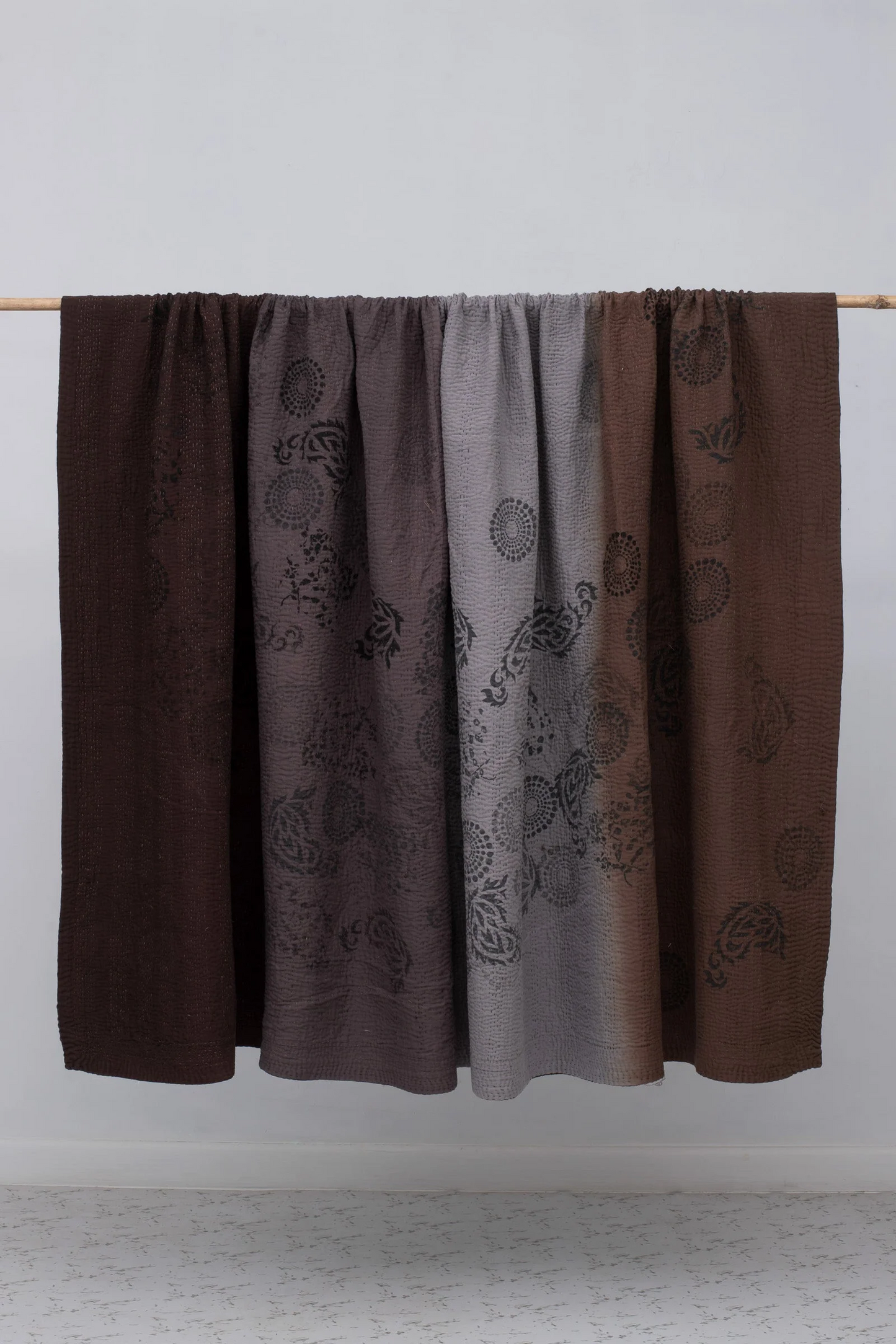 Vintage Fray Patch & Ombre Kantha Bedcover -Chocolate -