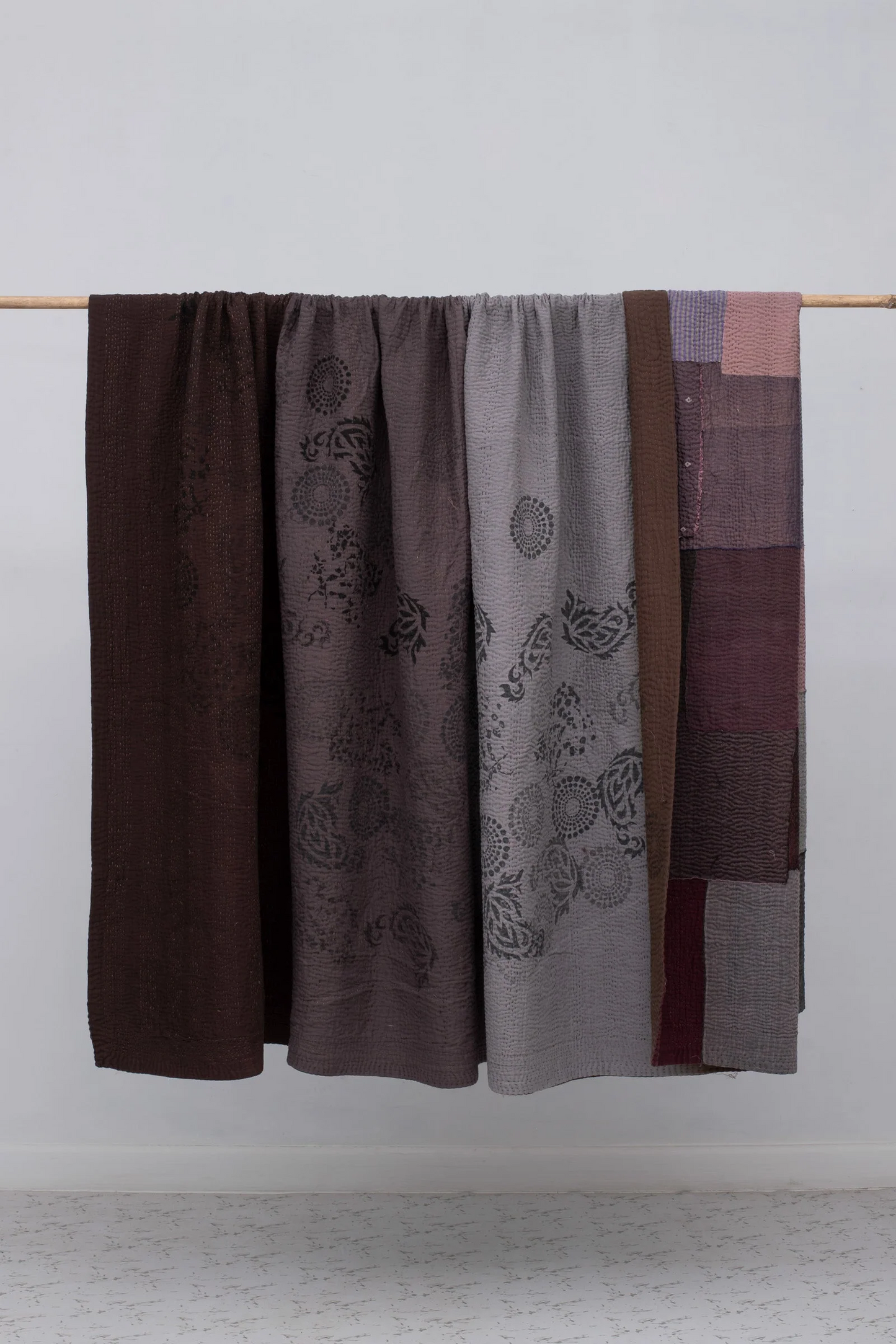 Vintage Fray Patch & Ombre Kantha Bedcover -Chocolate -