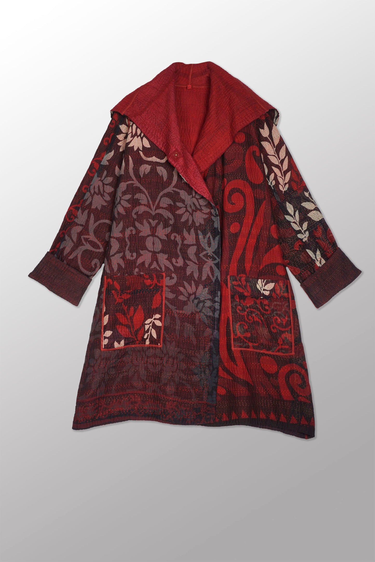 BIG PRINTED PATCH WITH OMBRE BACKING KANTHA POCKET MEDIUM COAT - px4316-red -