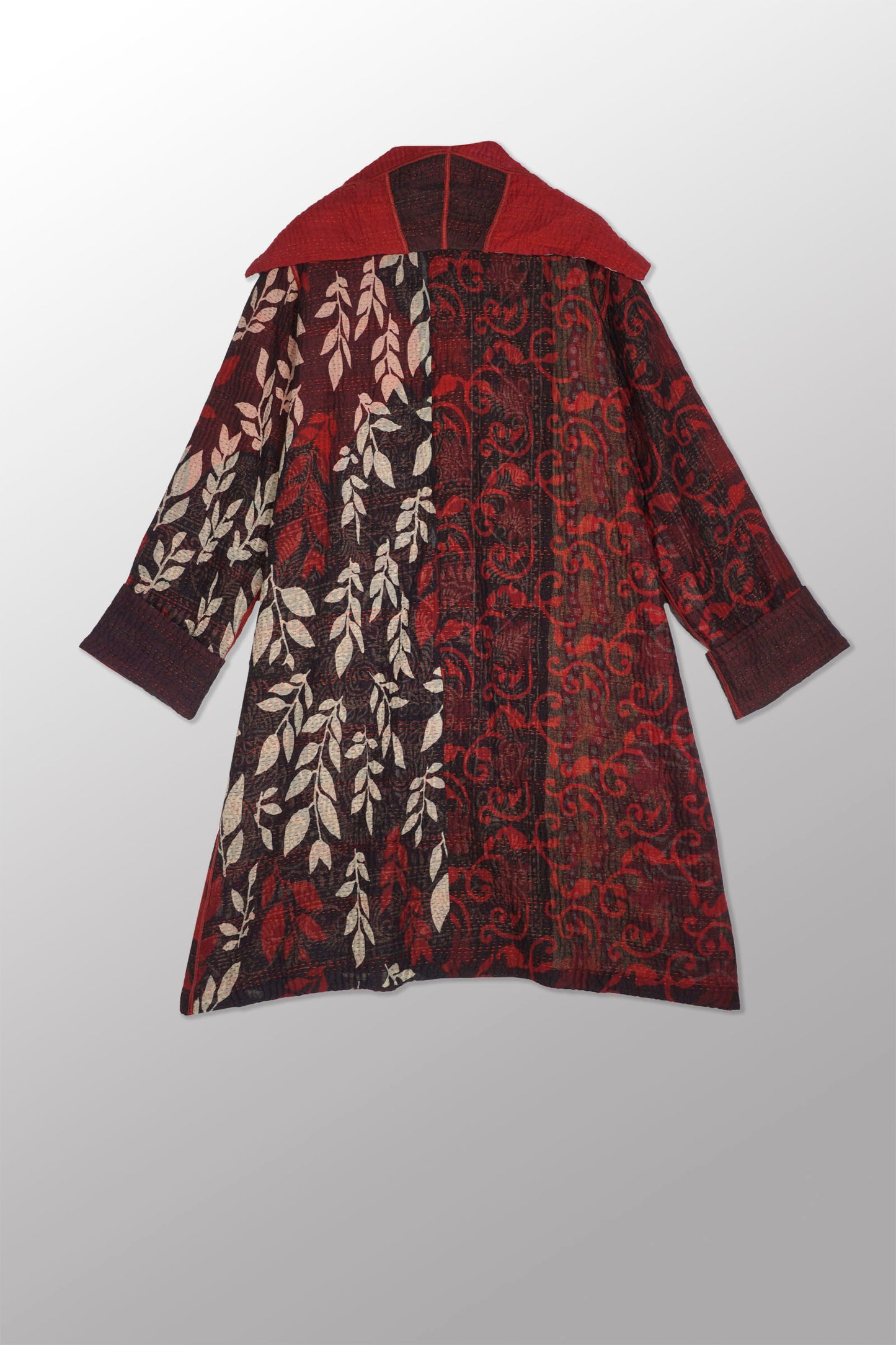 BIG PRINTED PATCH WITH OMBRE BACKING KANTHA POCKET MEDIUM COAT - px4316-red -