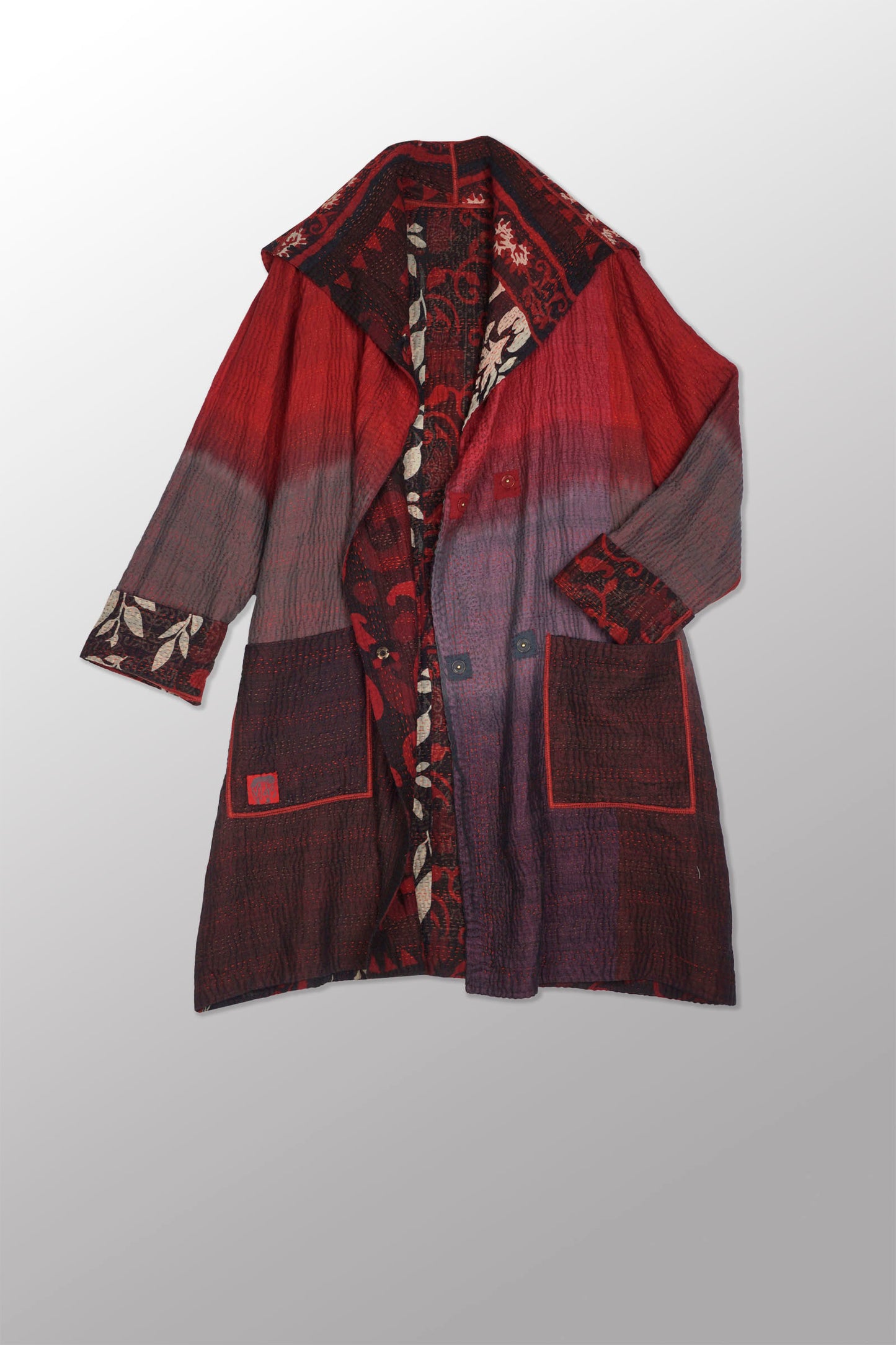 BIG PRINTED PATCH WITH OMBRE BACKING KANTHA POCKET MEDIUM COAT - px4316-red -