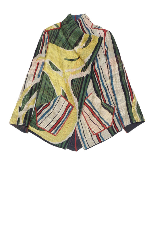 STRIPE AND BENDS KANTHA WING COLLAR JACKET - sb4013-grn -