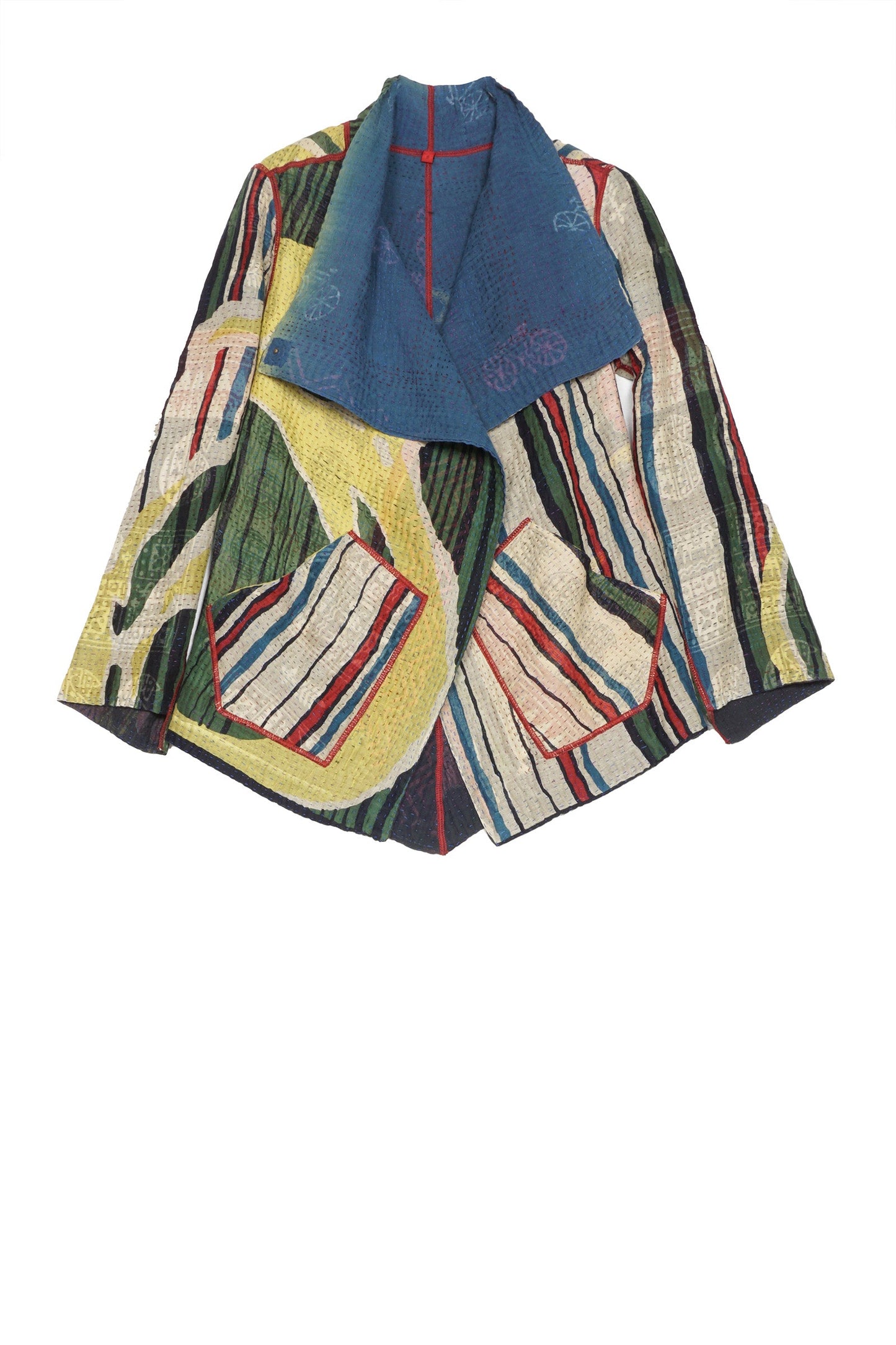 STRIPE AND BENDS KANTHA WING COLLAR JACKET - sb4013-grn -