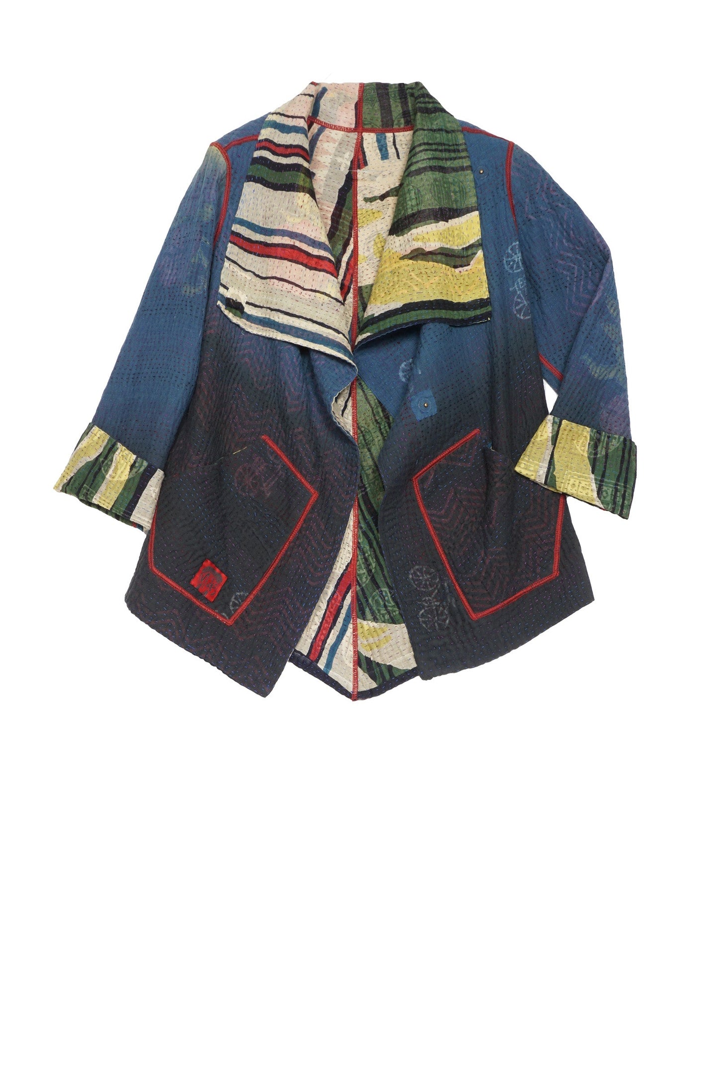 STRIPE AND BENDS KANTHA WING COLLAR JACKET - sb4013-grn -