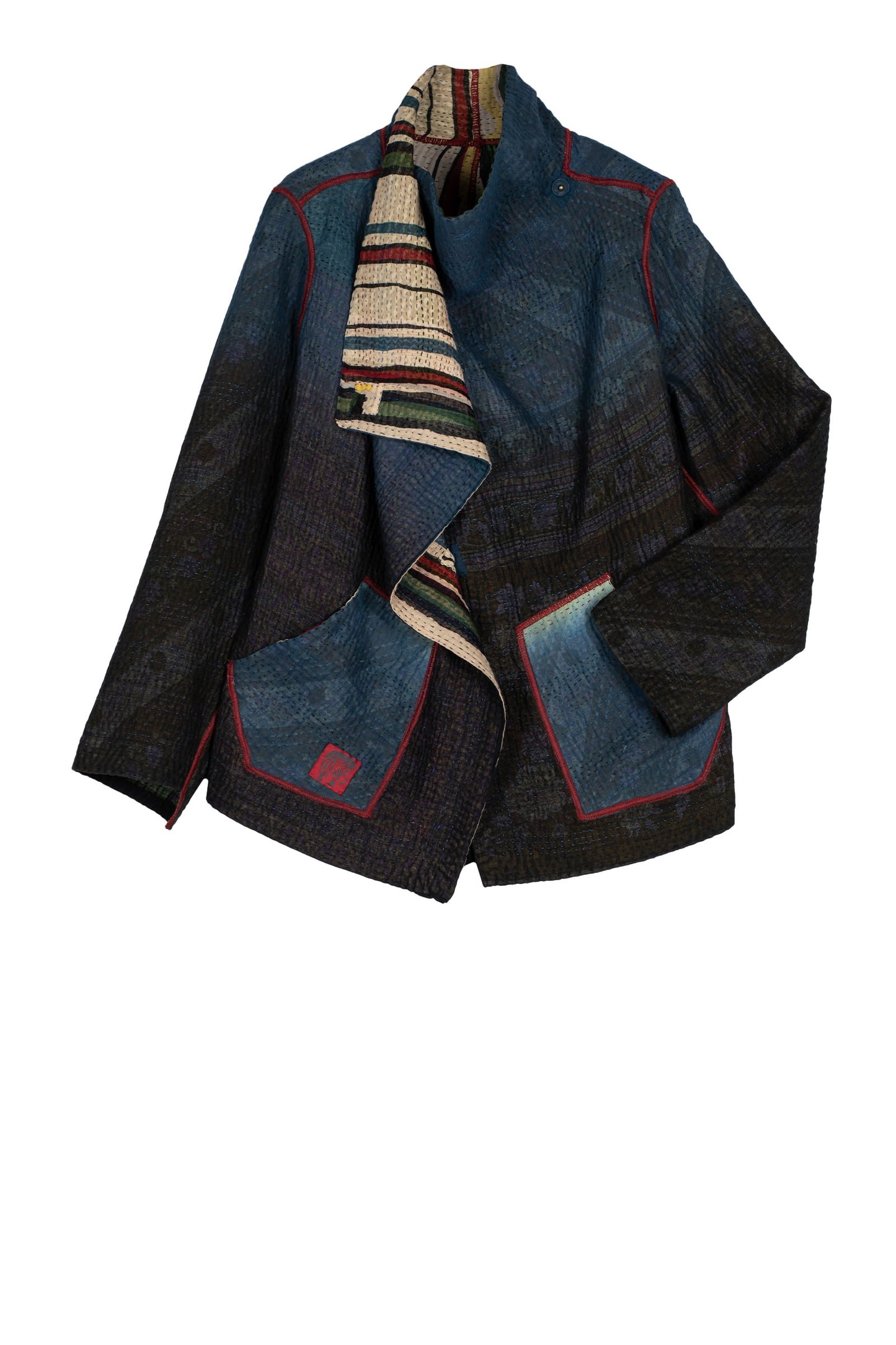 STRIPE AND BENDS KANTHA WING COLLAR JACKET - sb4013-grn -